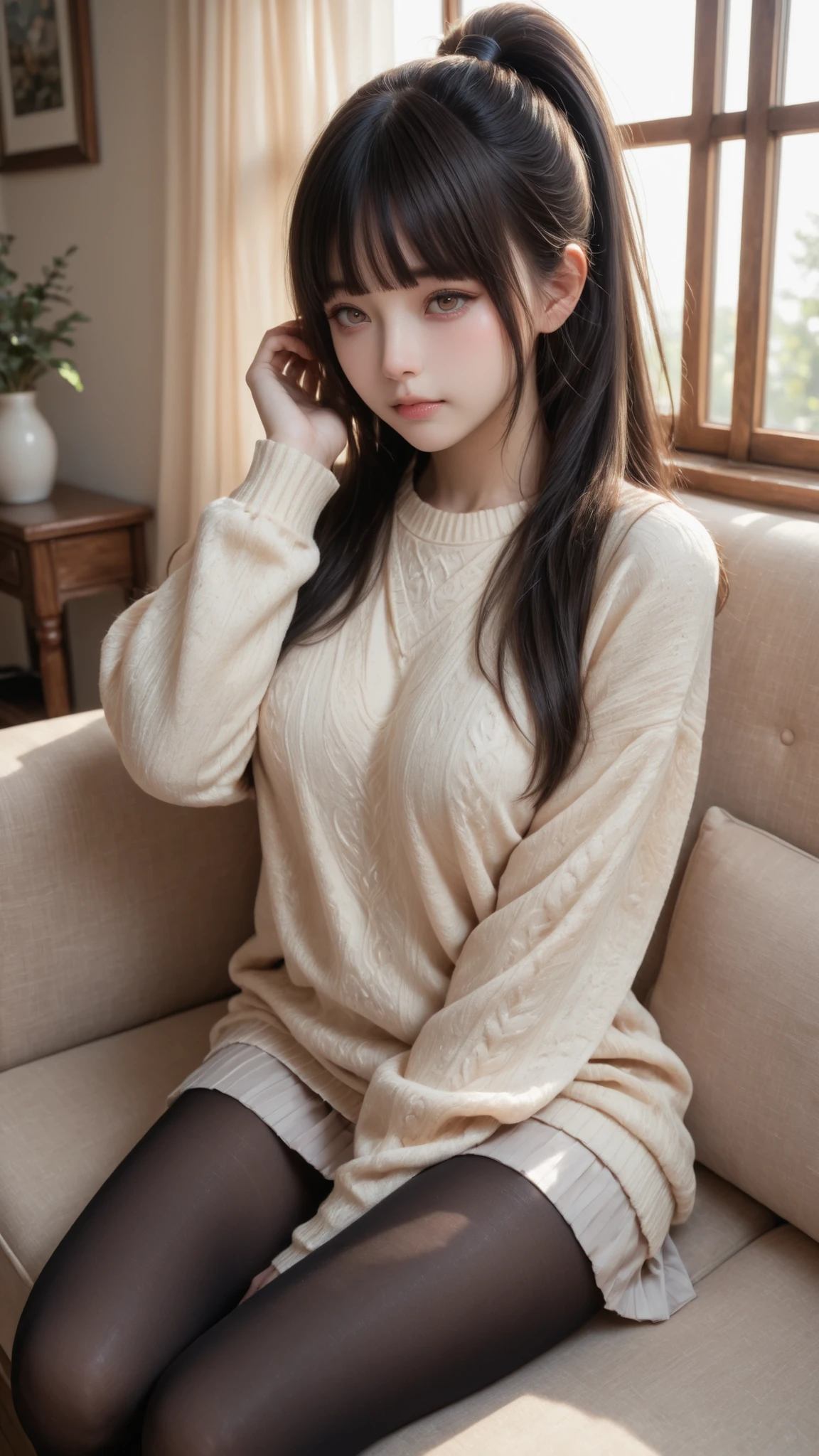 A realistic digital photograph of a young japanese girl with absolutely long hair reacheding her hip, silky black hair, she has **straight-cut bangs (front bangs) covering her forehead**, soft and natural.  and extremely long — reaching fully to her waist with clear length and volume visible**. curl softly. in her early twenties, her breasts are pretty small, 
with very long ash beige hair that glows in the morning sunlight and soft brown upturned eyes filled with warmth and calmness. 
She has a small graceful nose and a serene, tender expression. 
She sits on the sofa gently and  gracefully near a sunlit window in a cozy modern living room, staring at a viewer straight, 
wearing a sweater and a short skirt  that moves lightly with the air. black pantyhoses.
The morning light gently illuminates her silhouette, creating a dreamy, cinematic feeling. 
The scene is filled with natural wooden textures, soft fabrics, and warm golden tones — 
evoking peace, warmth, and quiet intimacy. 
Cinematic lighting, soft focus, high realism, 8K detailed rendering, morning atmosphere, natural light photography. high ponytail. full body.