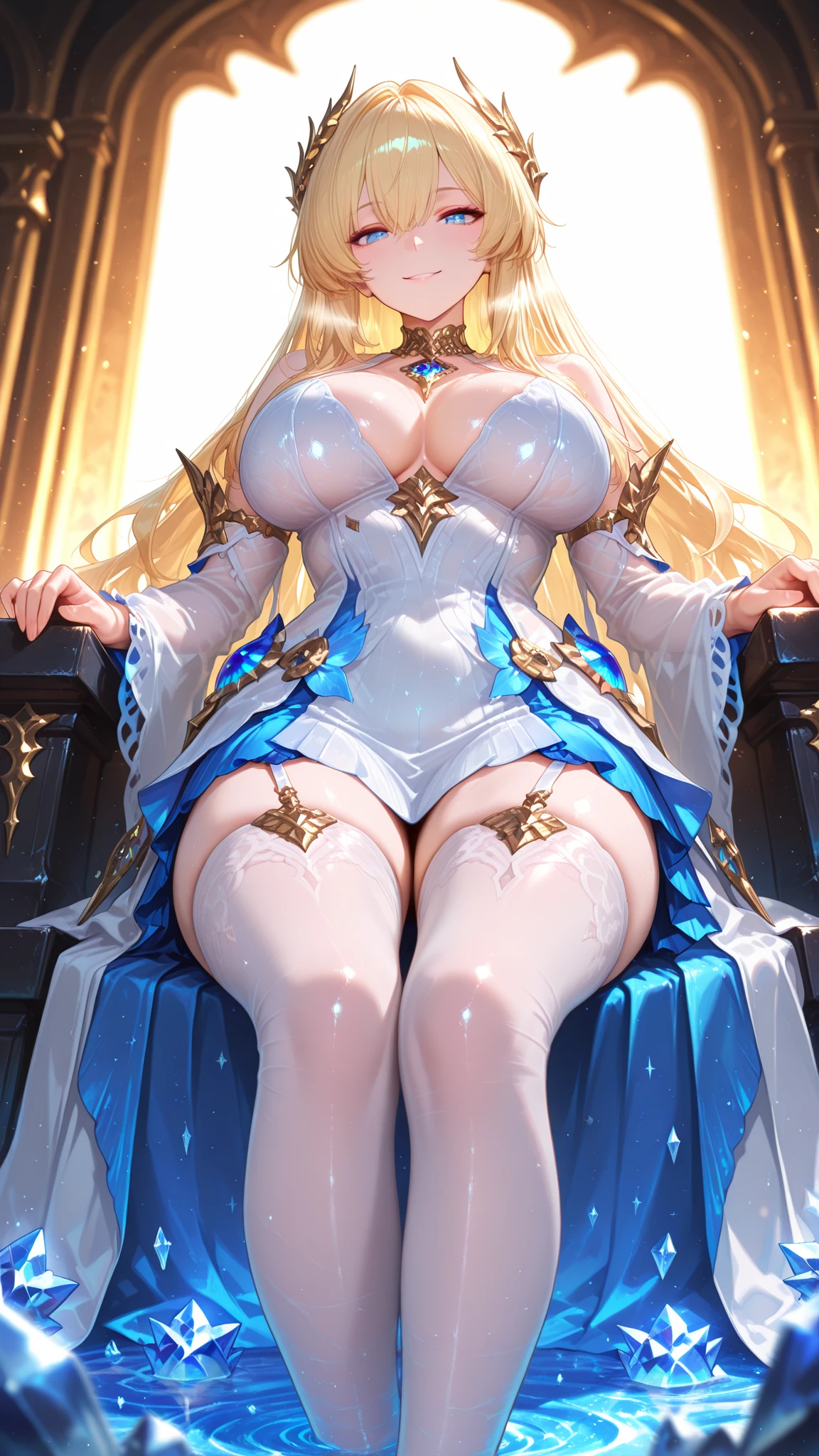 masterpiece:1.4,best-quality,Super Detail,Very Delicate and Beautiful, ((( ,  royal woman with , , , , , garter belt, garter stocking, female  ))), very gigantic breasts, cleavage, very slender, off-shoulder, perfect face, beautiful eyes