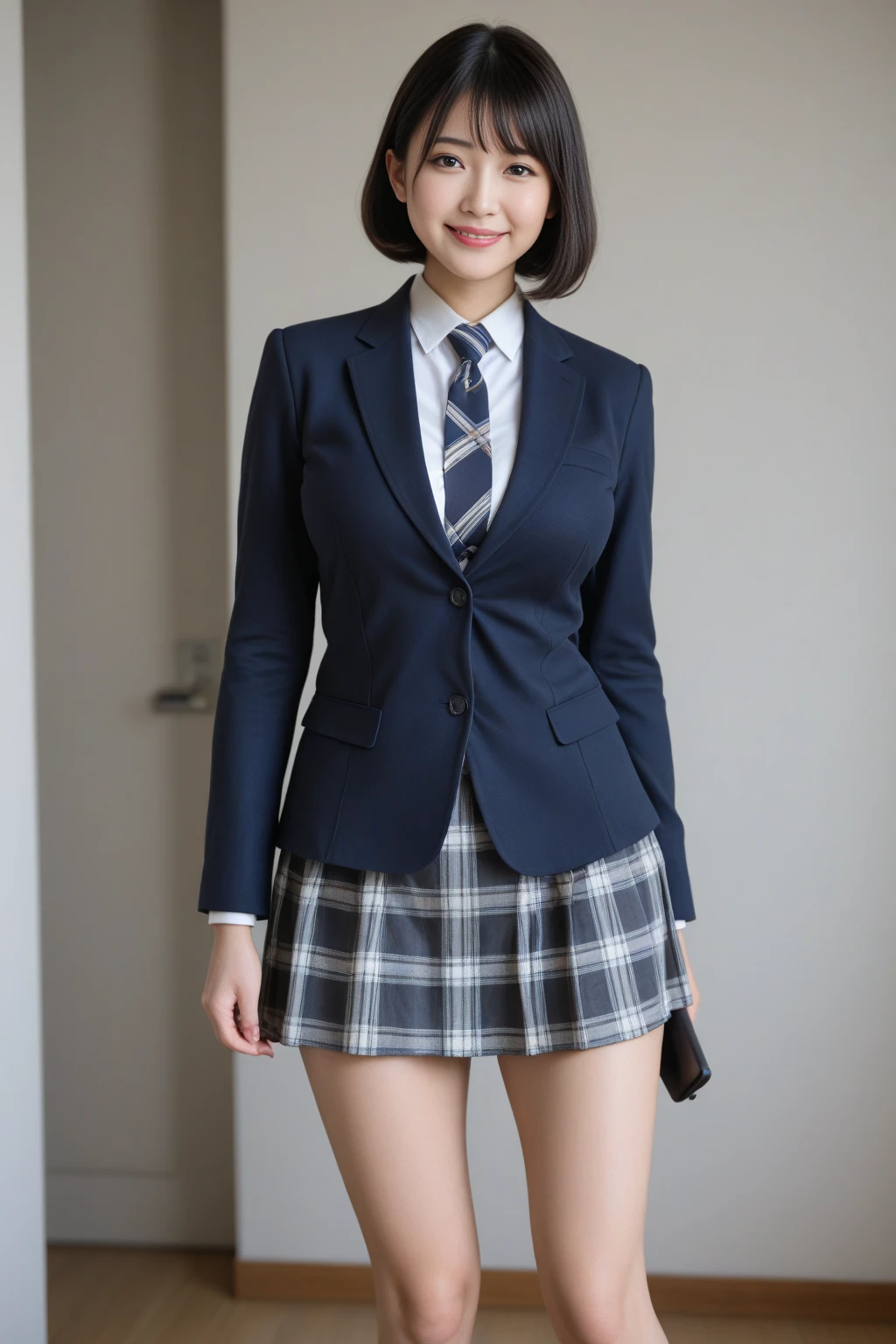 Stand in the classroom of school２girl girl,Red Tie Uniform,Dark Blue Closed Blazer,blue plaid ,18-year-old,bangs,a little smile,thighs,knees,from below，random pose，pretty girl，slender girl，