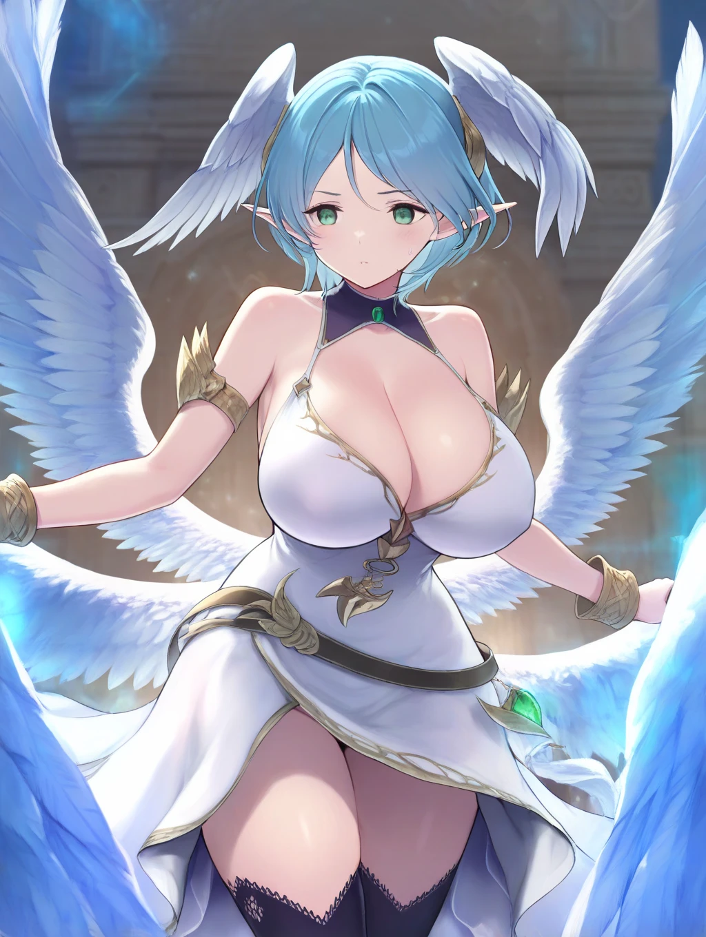 Very detailed、Highest quality、Best image quality、masterpiece、8k、Anime Face、A kind smile、Sparkling Blue Eyes、(SFW Giant)、(Big Breasts:1.5)、Shutsumon、Cowboy Shot、(High leg:1.5)、Claw Hand、Mouth mask