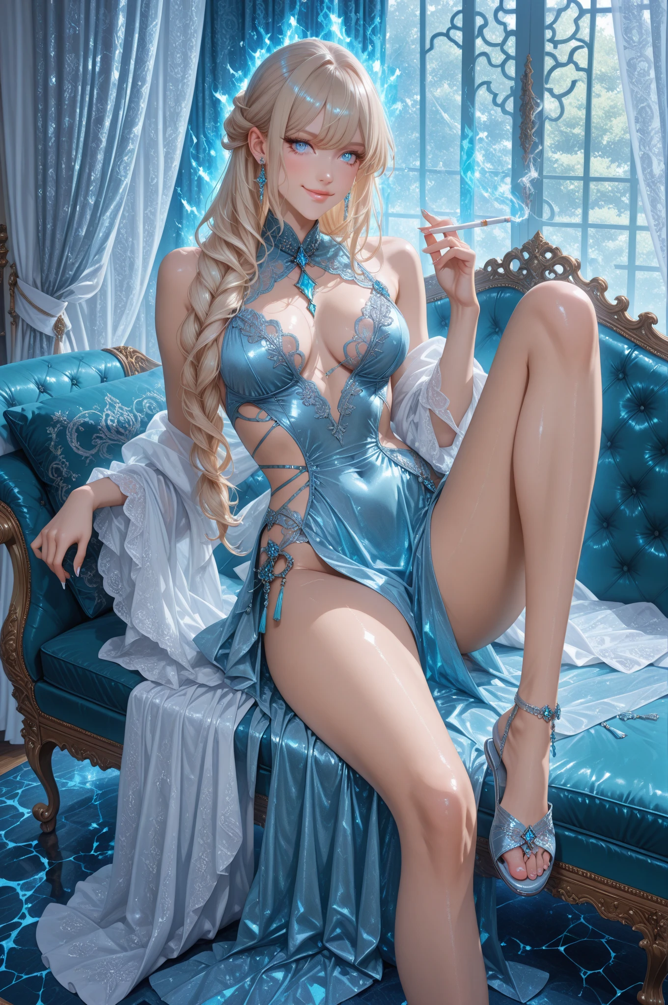 highest quality,very detailed,masterpiece,Super detailed,figure,blonde hair ,hair ornaments,stand,indoor,Unbelievably_disorganized,1 girl,Medium chest,blush your nose ,realistic,long hair,summer_dress,garter strap,beautiful girl,sv98 waving