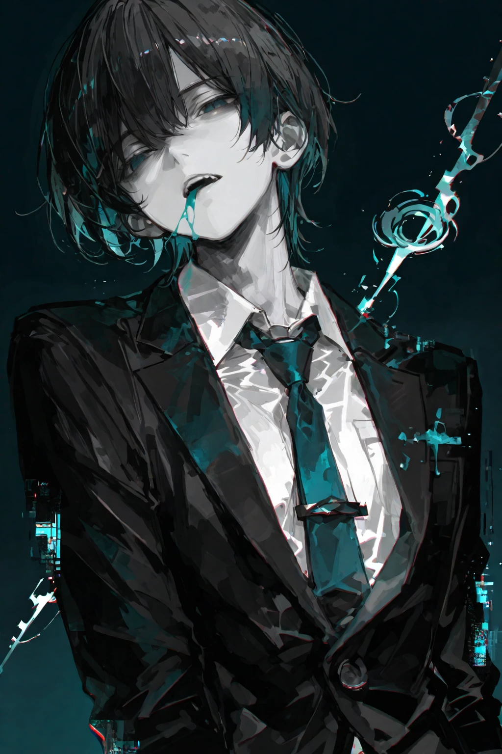 solo, handsome, monotone,Watercolor,1 male, Man Bun,short hair, black hair, red ＆ blue eyes,black light, White Suit, smoke, smoking, black background,Face close-up