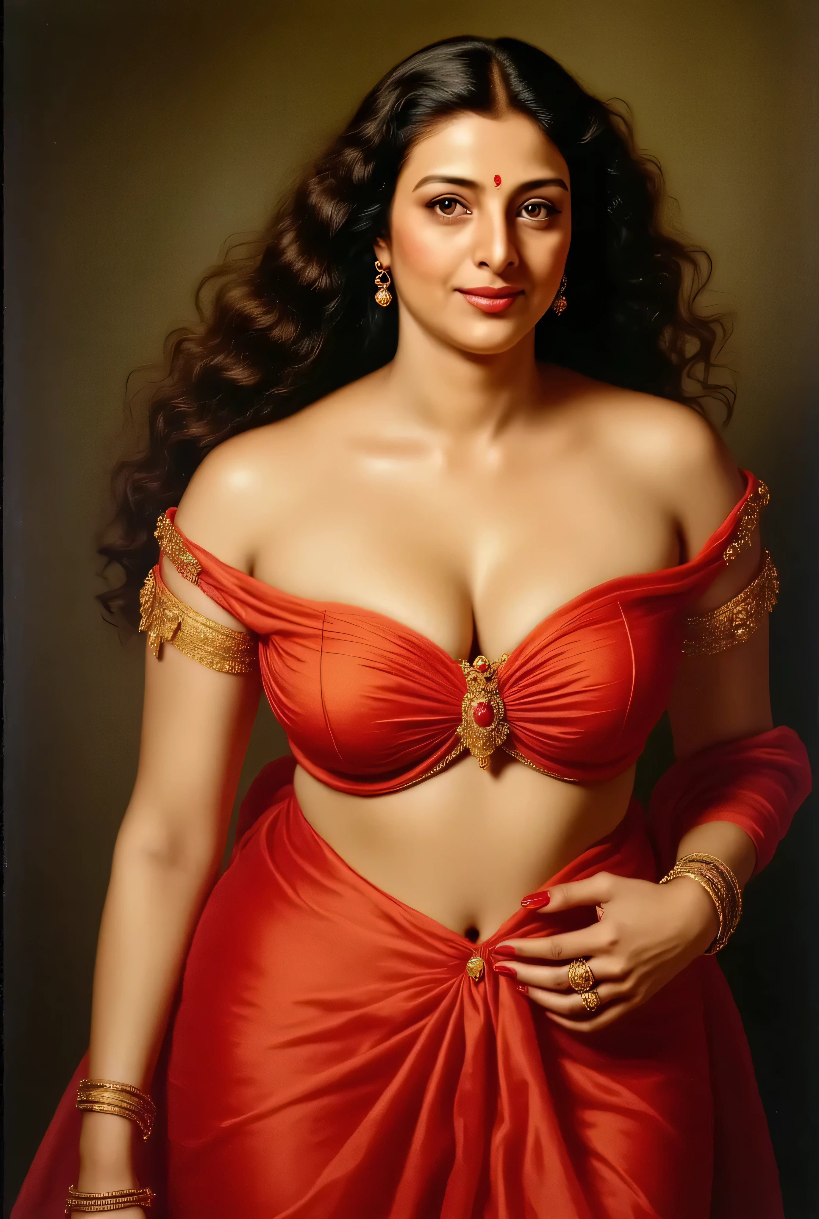 large breasts,very attractive sexy woman in her 40's posing in an erotic manner, massively large breasts,, brown hair with some grey, wearing a red cocktail dress, she is a UK size 14,  she has long very curly hair, her hair is free flowing and messed up, full lips, red lipstick, a gentle smile, mouth slightly open showing some teeth, light grey eyes, sexy pose, erotic pose, ultra realistic, she is looking at the viewer, ,sultry, playful, intimate extreme close-up face. Her lips are slightly parted. You can see every eyelash, every pore, every wrinkle, 