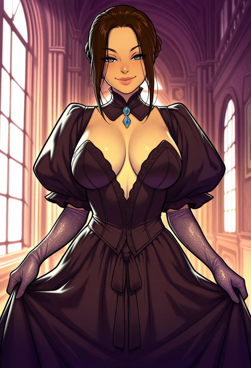 (masterpiece, top quality, best quality, official art, beautiful and aesthetic:1.2), (1girl:1.3), long and curly dark brown hair, ((extravagant updo)), Victorian style, extremely detailed, portrait, looking at viewer, solo, (full body:0.6), detailed background, close up, mischievous eyes, (cold midnight castle theme:1.1), extremely busty vampire, long fangs, blood on chin, huge lips, charlatan, smirk, mysterious, being seductive on a balcony, revealing gothic dress, lace, extremely tight bodice, black attire, red skirts, off shoulder, long sleeves, loose sleeves, black leather, cloak, corset, black dress, fishnets, thigh high black boots, buckles, straps, pouches, glowing blood magic energy, dark red fabric, silver trim, black leather, ruffles, (((????????????????))), cleavage, ?????????????, slim waist, slim ????, long legs, medieval (gothic castle exterior:1.1) background, nighttime, dark mysterious lighting, shadows, magical atmosphere, dutch angle