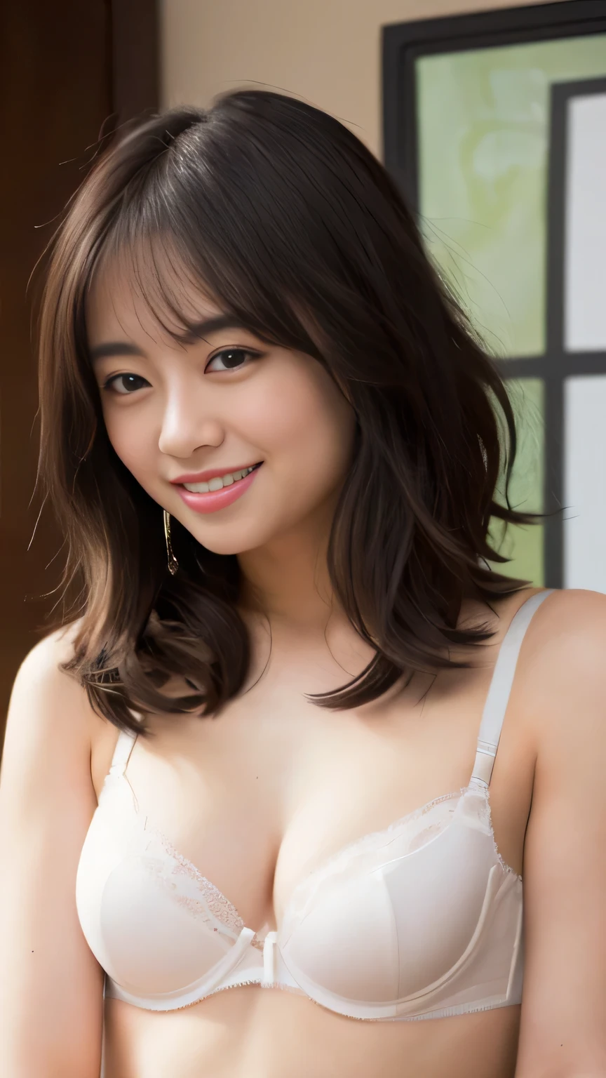 ( finished:1.4),(A masterpiece like no other:1.4),(Realistic:1.4),(perfect smile、Ultra High Accuracy:1.2),(super high resolution, original photo:1.4),(HDR, very detailed:1.2),(8k:1.2),cinematic pictures,,(( Japanese Language Class ))、((Duo、white bra、underwear、Full Body Picture:1.3))bang、long bob hair、big boobs、