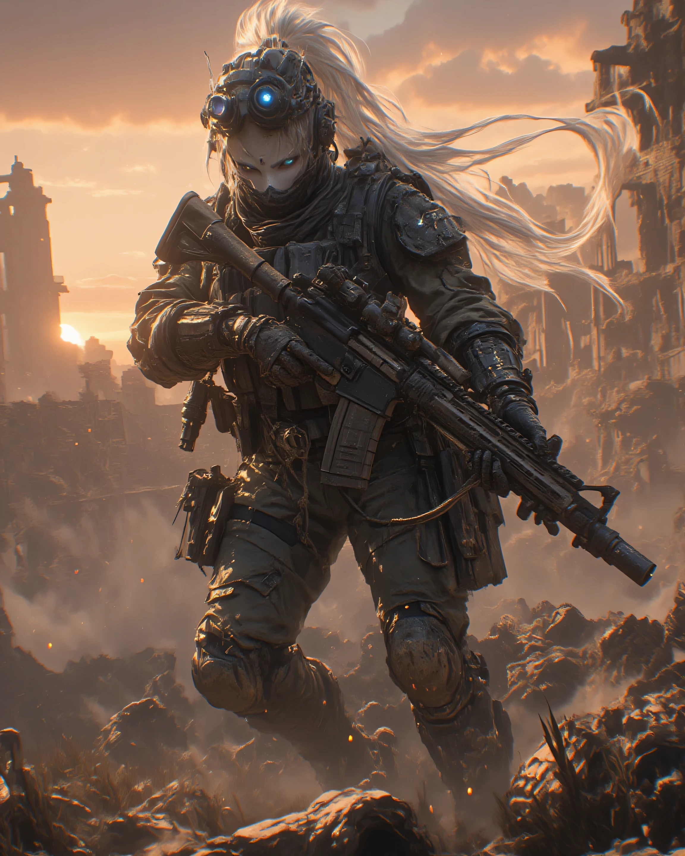 A highly detailed digital illustration of LUNA, a fierce female warrior with long flowing silver hair and piercing blue eyes, standing intensely on a chaotic battlefield. She holds a realistic M4A1 assault rifle with intricate details: matte black finish, tactical scope, foregrip, suppressor, and ammunition magazines attached, her fingers gripping the trigger guard tightly. LUNA’s expression is one of unwavering determination and serious gaze, her brows furrowed and lips pressed in focus. She wears a detailed tactical combat uniform: camouflage-patterned fatigues with reinforced knee pads, bulletproof vest loaded with pouches and grenades, combat boots splattered with mud, and a helmet with night-vision goggles pushed up. The scene is dynamic, captured from a low-angle perspective to emphasize her heroic stance and movement, as if she’s charging forward mid-battle. The battlefield atmosphere is immersive: smoke-filled air from distant explosions, crumbling ruins and debris in the background, sparks flying from gunfire, with a dramatic sunset sky casting warm orange hues over the destruction. High resolution, cinematic lighting, realistic textures, action-packed composition, in the style of cyberpunk military art by artists like Simon Stålenhag and Greg Rutkowski, ultra-detailed, 8K quality.