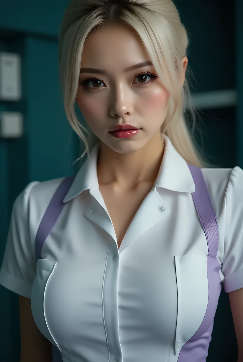 Upper-body, close-up.
She is a cute lewd girl, dark eyes, looking at viewer.
Low-tied long platinum blonde hair, light red lips, closed mouth.
Glamorous body, medium breasts.
(She is wearing a strict nurse uniform:1.3).
Hospital examination room, dark wall.
Very detailed images, vibrant colors, chiaroscuro, masterpiece, top quality.