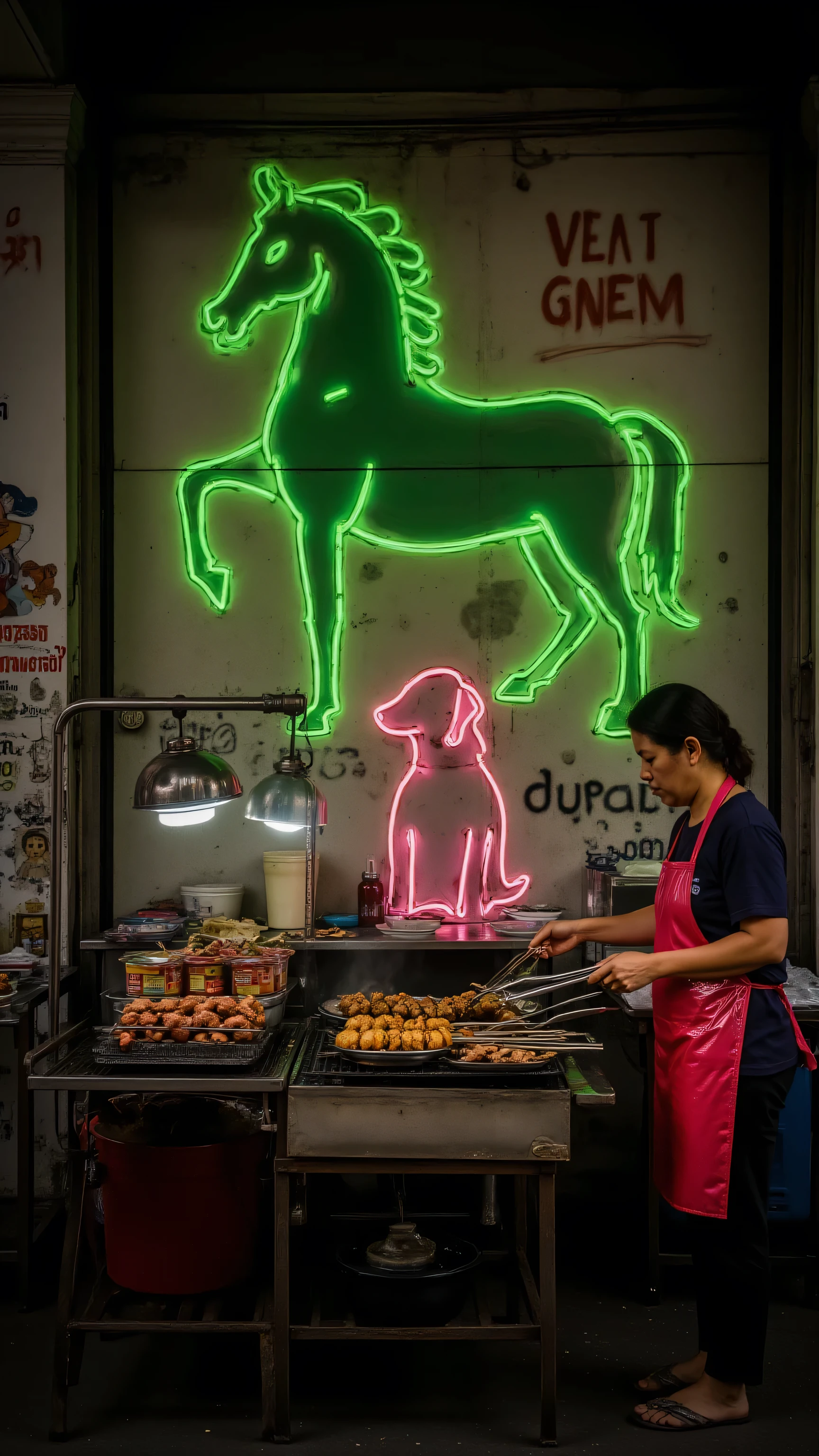 Yaowarat street, a woman stands at a grill selling kebabs and meat products wearing a shiny red vinyl apron, behind her is a glowing piece of graffiti art that is painted in the form of a green horse and a pink dog
