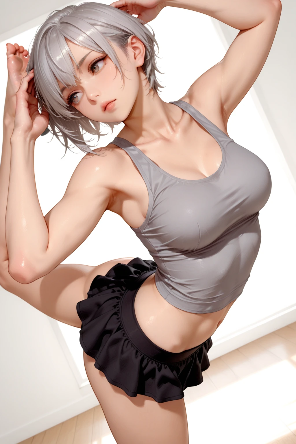 realistic, 1 girl, gray hair, purple eyes, shining eyes, crop top, skirt, parted lips, blush, night, flowers, sun, sunlight,Rei Ayanami