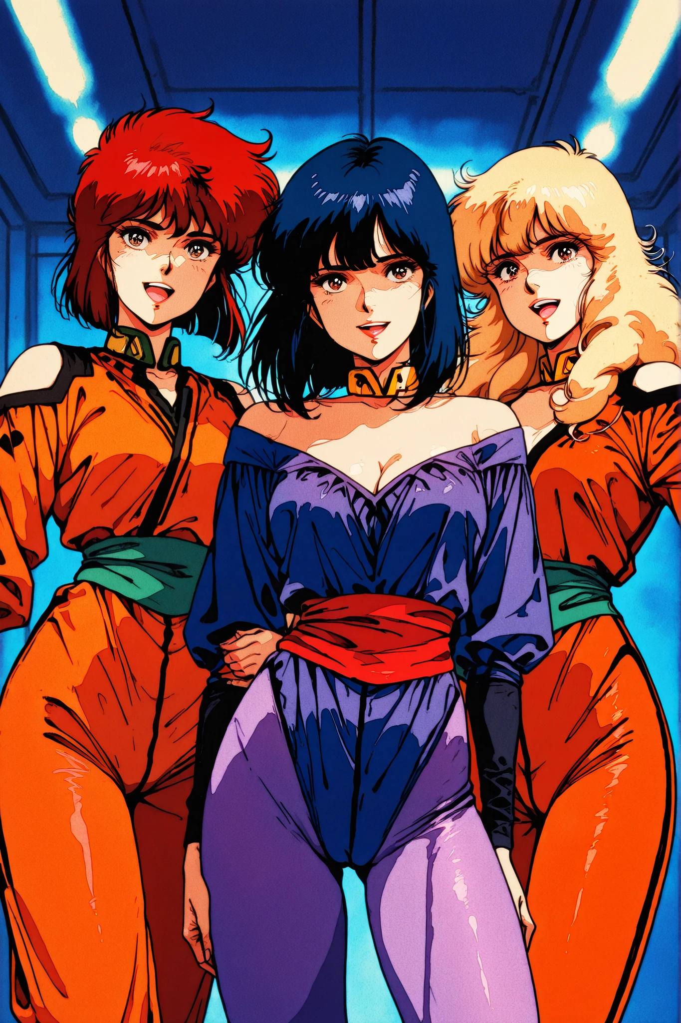 masterpiece,best quality,good quality,newest,
anime coloring,retro artstyle,1980s (style),
looking at viewer,smile,
3girls, cameltoe, red hair, blue hair, yellow hair,
kisugi_rui\(cats_eye\),black brown hair,long hair,curly hair,brown eyes,lipstick,
purple leotard,off-shoulder,cleavage,long_sleeves,purple pants,green sash,
standing,
BREAK
masterpiece,best quality,good quality,newest,
anime coloring,retro artstyle,1980s (style),
looking at viewer,smile,
3girls,
kisugi_hitomi\(cats_eye\),black hair,long hair,brown eyes,
blue leotard,off-shoulder,cleavage,long_sleeves,yellow sash,blue pants,
standing,
BREAK
masterpiece,best quality,good quality,newest,
anime coloring,retro artstyle,1980s (style),
3girls,
looking at viewer,smile,open mouth,
kisugi_ai\(cats_eye\),short hair,black hair,black eyes,
orange leotard,collared_leotard,yellow collar,long_sleeves,orange pants,red sash,
standing,