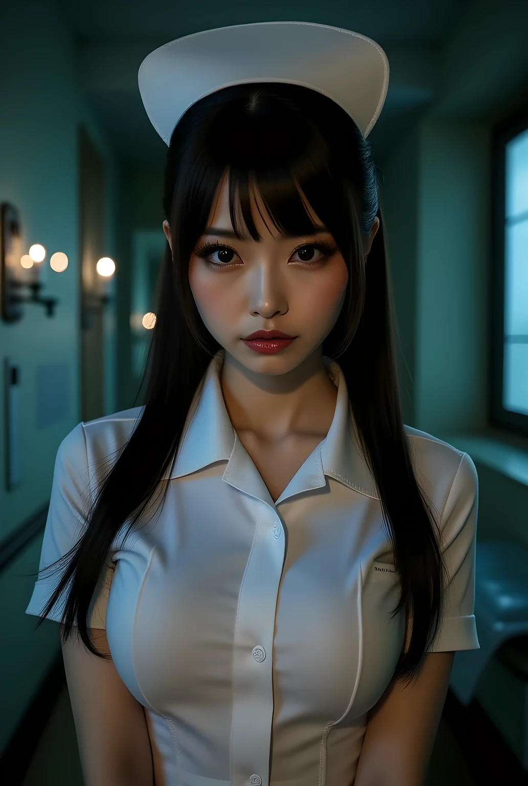 Super beautiful Japanese woman, looks like a intimidating dominatrix, closed mouth, condescending gaze, staring at the viewer, long false eyelashes, makeup, low-tied long black hair,
tight-fitting nurse uniform, tight-fitting short sleeves,
Dimly lit hospital examination room, dark wall. Candle lighting.
Very detailed images, vibrant colors, chiaroscuro, masterpiece, top quality.
