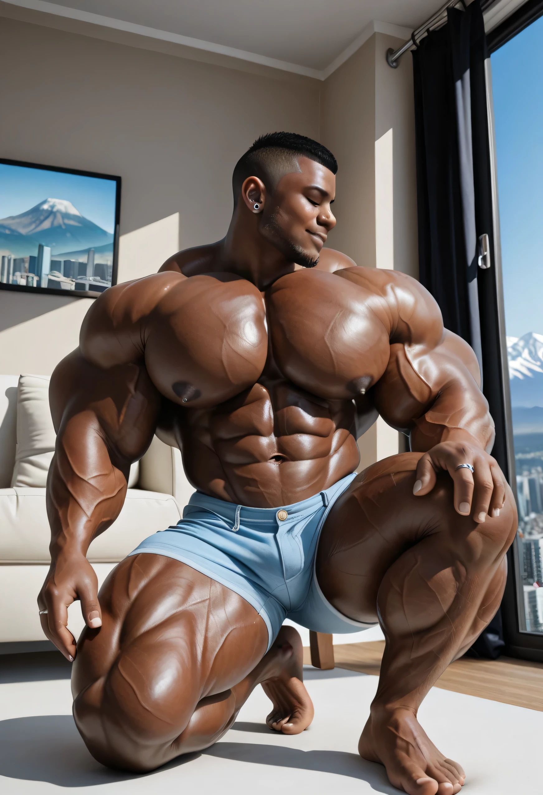 There is only one handsome Asian actor in the picture，30 years old，Tall and handsome, Toned body，short hair, O-Shaped Beard，Perfect body, Dark skin，Glowing skin，Smooth skin，The body is hairless，Muscle bulge, Muscular, Very large pectoral muscles，Very  abdominal muscles，Very well-developed leg muscles，Huge concave and convex area，Brightens oily skin，Wearing a gold leather shiny thong，Handsome face， Correct and accurate male body proportions, Stand among the flowers。
