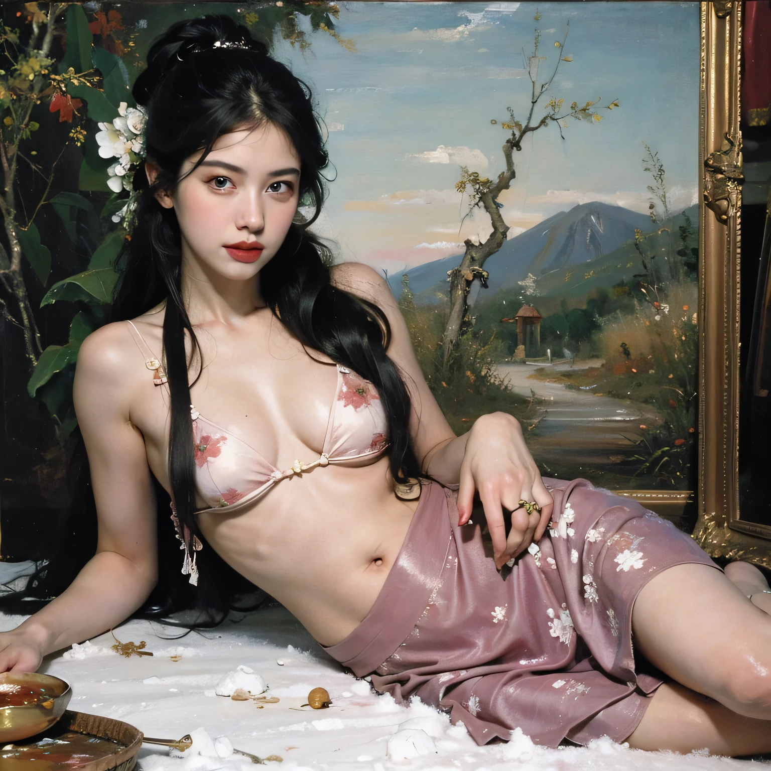 (oil painting:1.5), \\ a woman with (long curtly hair ), ((green eyes)) is lie on the ground in veil, peony, (amy sol:0.248), yellow, with skirt, (stanley artgerm lau:0.106), (a detailed painting:0.353), (gothic art:0.106)
