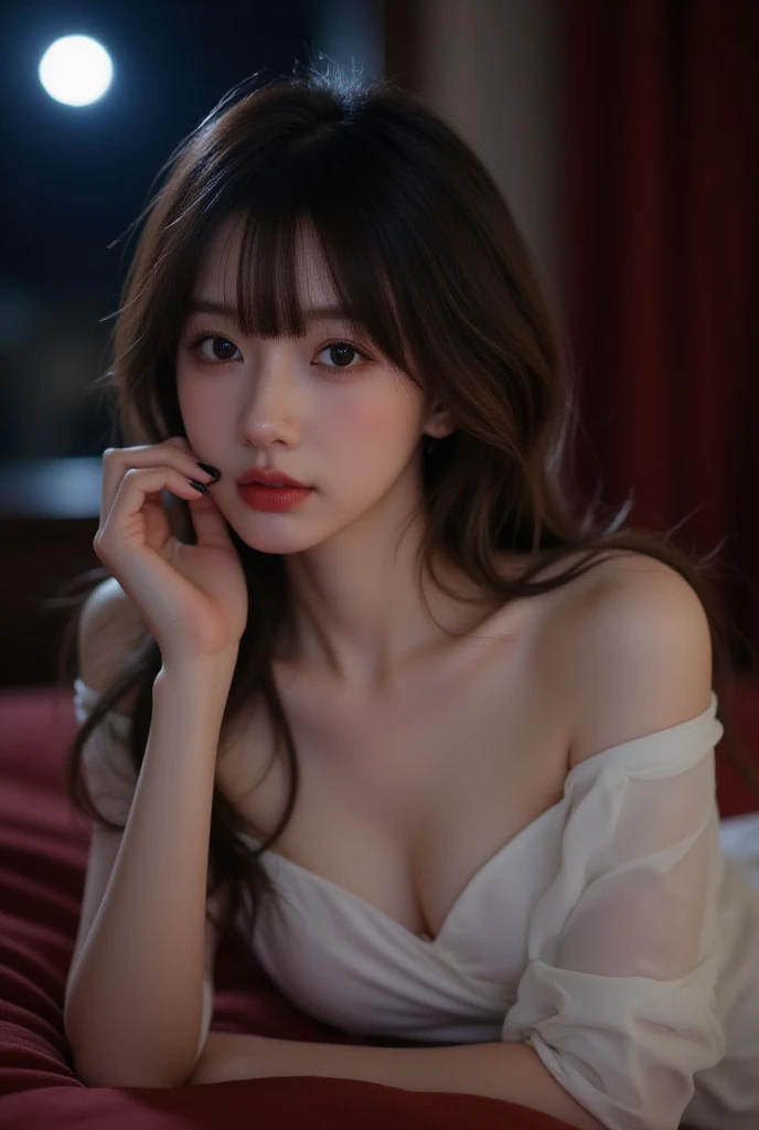 ​masterpiece、Top image quality:1.2、((beautiful young woman with))、Transparent skin:1.2、{A slight smil}、(kawaii)、luxury hotel、depth of fields、Show both sides、lying back on