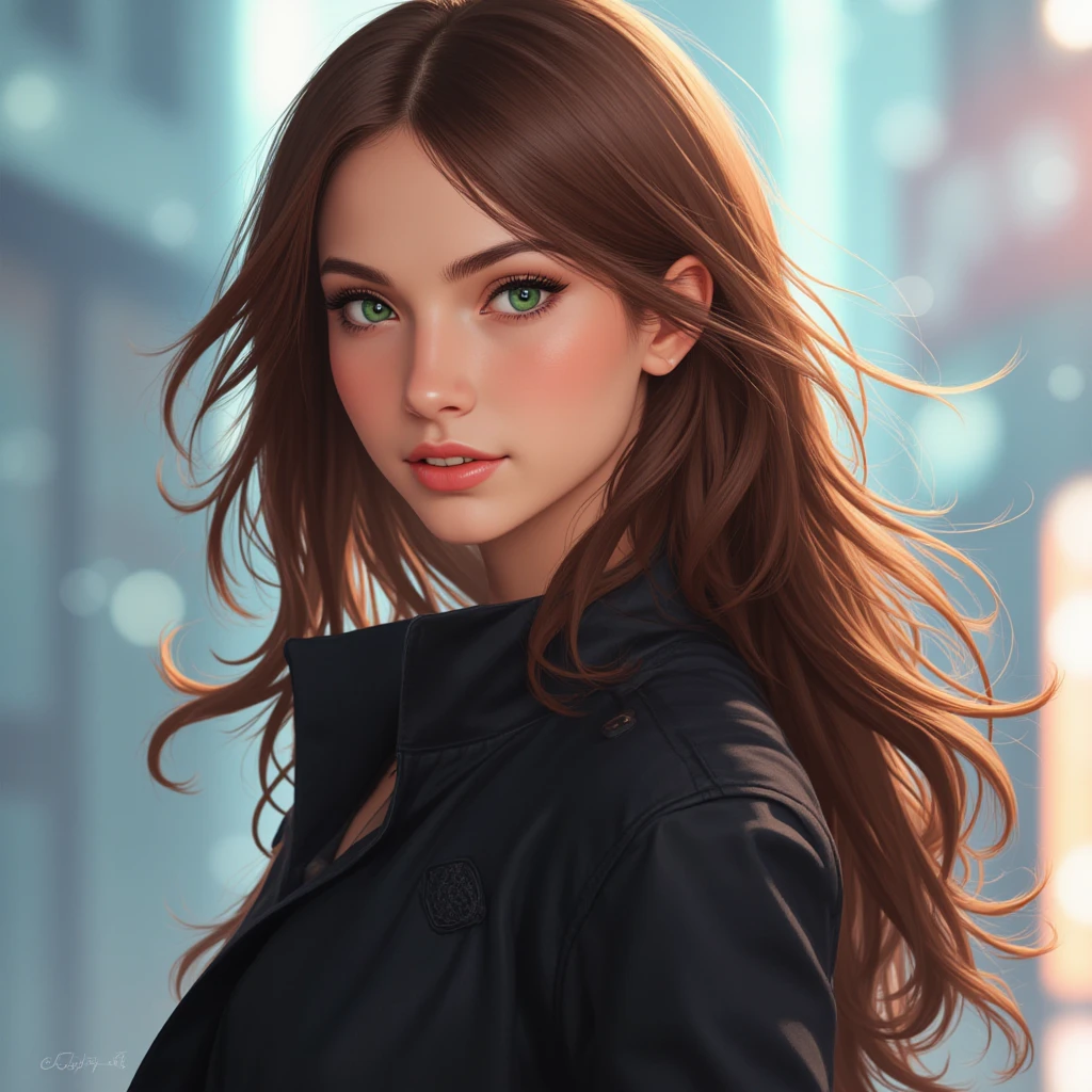 photorealism, half body portrait of a young woman, 20 years old. beautiful realistic eyes; fantastic face, Caucasian, beautiful look, leather jacket, Michael Garmash, Daniel F Gerhartz, Storybook style, warm dreamy lighting, white background, volumetric lighting, pulp adventure style, fluid acrylic, dynamic gradients, vivid color, illustration, highly detailed vector curves, simple, smooth and clean, vector art, smooth, Johan Grenier, character design, 3d shading, cinematic, ornate patterns, elegant organic framing, hyperrealism, posterized, collection of masterpieces, lush vivid colors, twilight, wet gouache