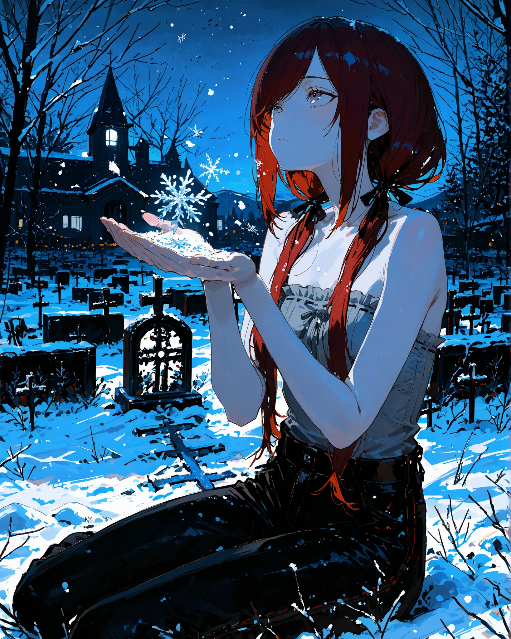 masterpiece, best quality, ultra-detailed, perfect anatomy,
748cmstyle,
gray eyes, dark red hair, long hair, low twin tails, swept bangs, stoic, strapless sleeveless shirt, white frill trim, gray shirt, hair ribbons, black trousers, thin,
nighttime cemetery, softly falling snow, quiet and solemn atmosphere, looking up at the sky, sitting on the ground, holding out a hand to catch the snowflakes, cold winter night, pale moonlight, gentle snowfall, melancholic mood, cinematic lighting, detailed background,