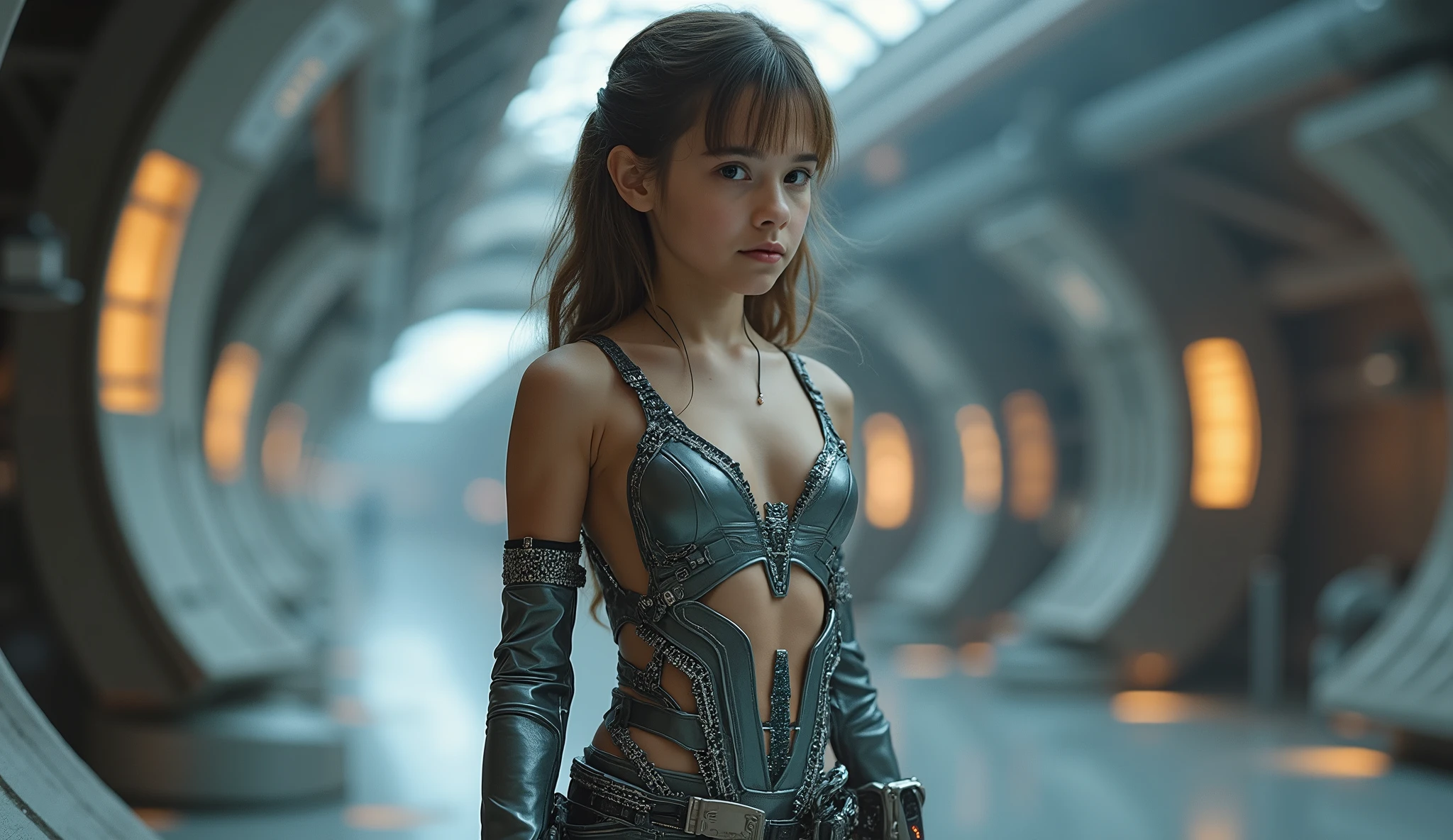 ainno,High-quality full-length photo of a ten-year-old girl, in the image of a space fleet engineer, in a tight-fitting, thin and elastic, smaller than the equipment needs, made of super-thin high-tech material with transparent inserts all over the girl's body and elegant cuts, with a deep neckline open to the waist, with a belt with repair gadgets,repair droid in the hangar