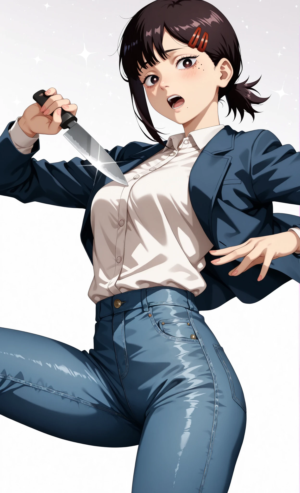 1 girl, solo, Kobeni Higashiyama, Chainsaw Man artstyle, black hair, hair ornament, hair clip, mole, mole under eye, ponytail, short hair, dark brown eyes, pretty eyes, detailed eyes, gradient eyes, long eyelashes, beautiful eyes, beautiful face, perfectly symmetrical face, delicate and harmonious features, face with golden ratio, beautiful hair, realistic skin with natural texture, , good , perfect feminine hands, elegant and perfect fingers, nails painted vibrant red, open arms, holding a knife, sidelocks, blunt bangs, hair bun, black eyes, eyelashes, single hair bun, beautiful thighs, shirt, jacket, collared shirt, white shirt, shirt tucked in, long sleeves, , buttons, open jacket, jeans, tight pants, blue jacket, standing, white background, looking at viewer, powerful pose with one leg raised simulating a kick, psychopath smile, open mouth, Dutch angle, Hyper-realistic rendering, ultra-sharp details, photorealistic masterpiece, HDR, 8k, (((anime art style))), hyper-detailed, (best quality: 1.3), glitter sparkles, beautiful eyes, detailed eyes, 8k