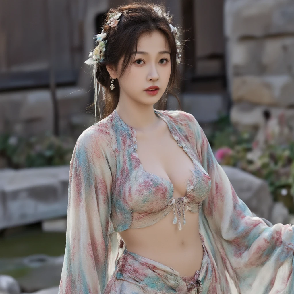 ( masterpiece, Top Quality, best quality, Official Art, beauty:1.2),（The Most detailed and clear  features：2.0， Contour：1.0） (1 Chinese Goddess:1.5), very detailed,( Dunhuang 艺术:1.1),( Dunhuang ，Colorful:1.1)(Flowers:1.3),Most detailed,(Zentangle:1.2), ( dynamic pose，Showing thighs:2.0), ( blue sky white clouds moon background :1.3), (Chinese embroidered Hanfu:1.2), (Spread Your Legs， creates glowing skin ，耻骨：1.2), ( many colors :1.4), ,(earrings:1.4),