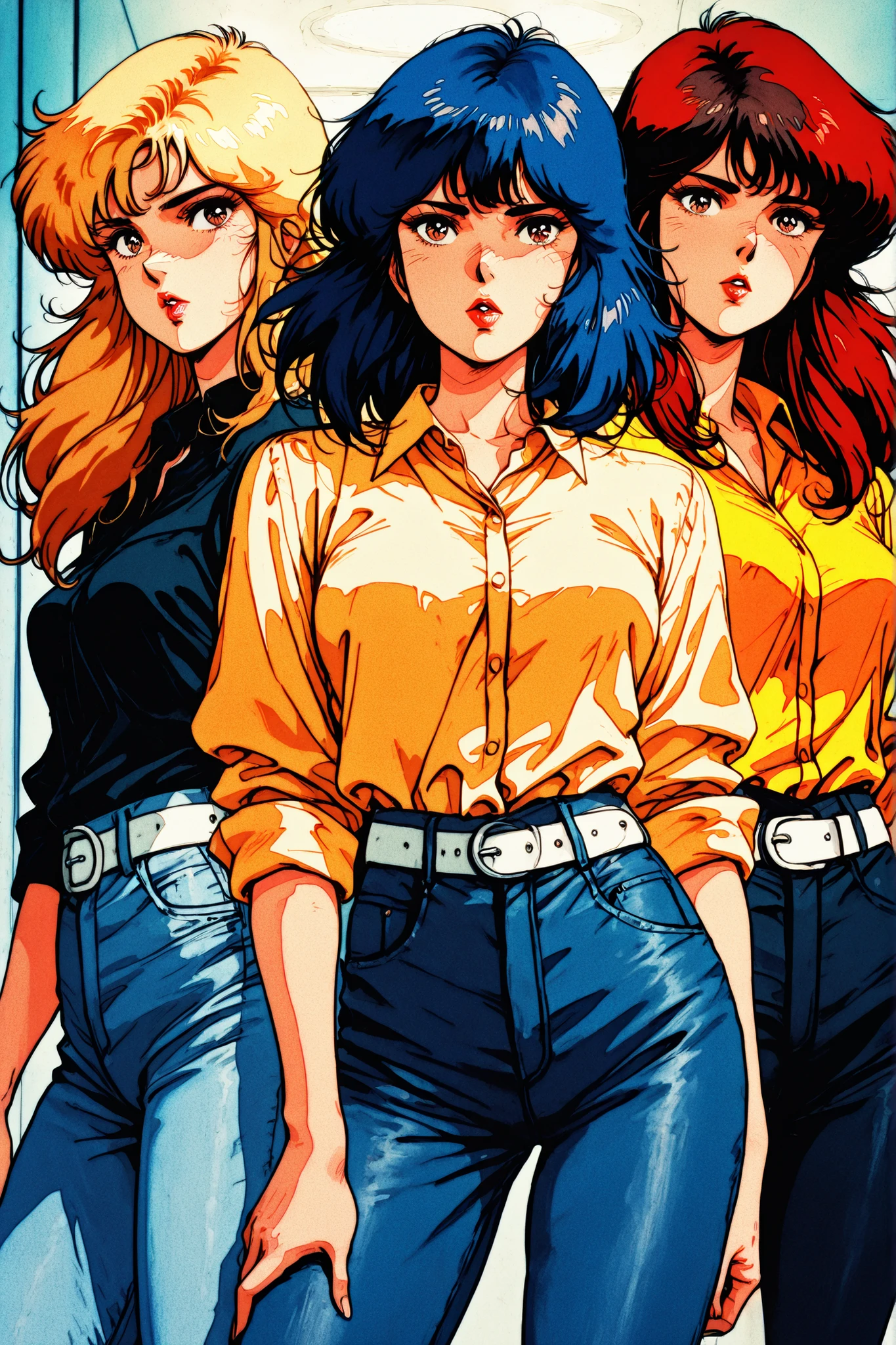 masterpiece,best quality,good quality,newest,
anime coloring,retro artstyle,1980s (style),
looking at viewer bimbo lips,
3girls, milfs, red hair, blue hair, yellow hair, skirt,
kisugi_rui\(cats_eye\),black brown hair,long hair,curly hair,brown eyes,lipstick,
yellow shirt,collared_shirt,sleeves rolled up,jeans pants,white belt,
standing,
BREAK