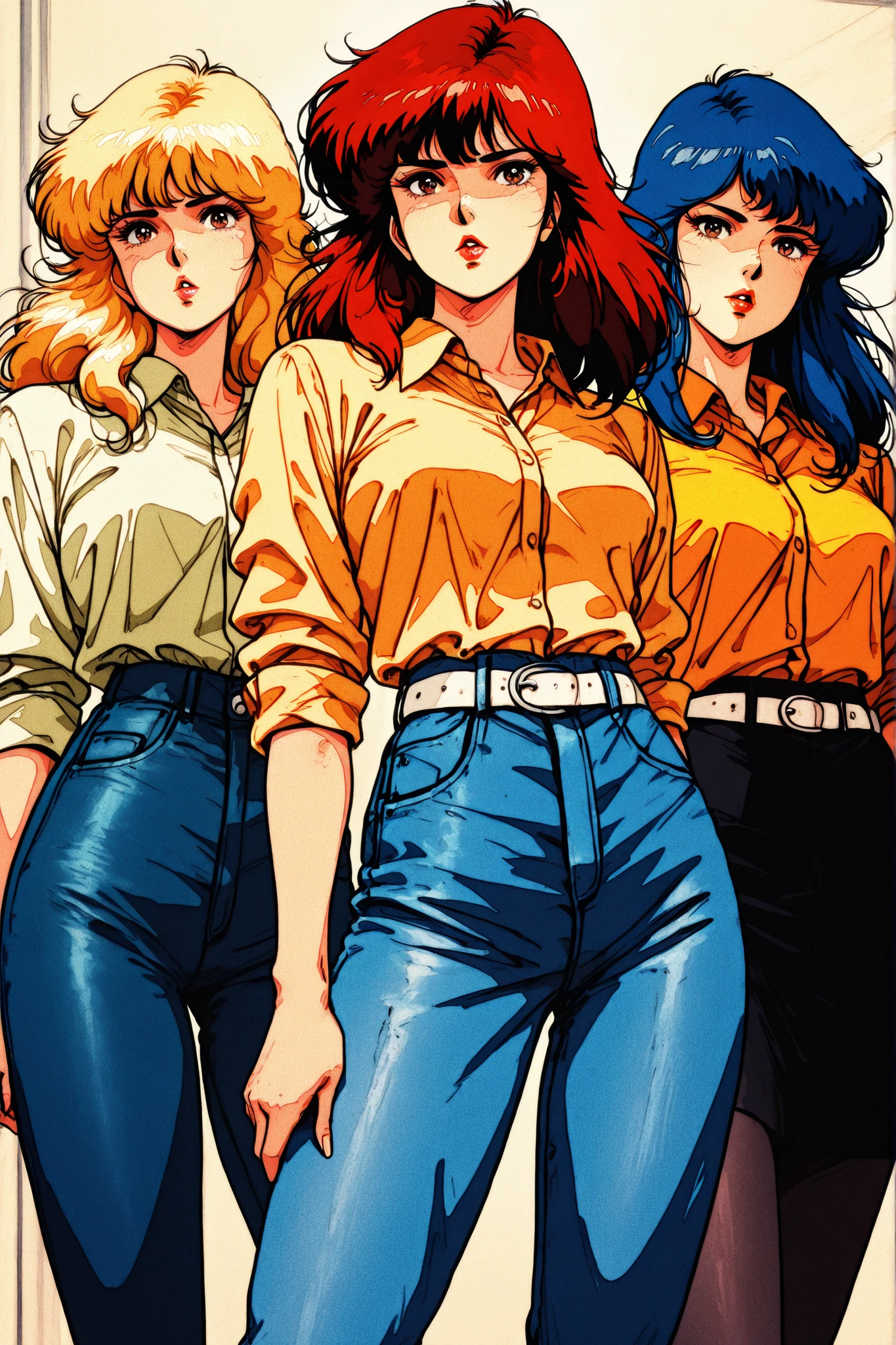 masterpiece,best quality,good quality,newest,
anime coloring,retro artstyle,1980s (style),
looking at viewer bimbo lips,
3girls, milfs, red hair, blue hair, yellow hair, skirt, 
kisugi_rui\(cats_eye\),black brown hair,long hair,curly hair,brown eyes,lipstick,
yellow shirt,collared_shirt,sleeves rolled up,jeans pants,white belt,
standing,
BREAK