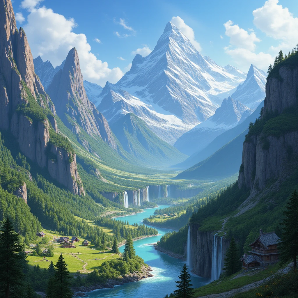 Master masterpieces，Higher quality，Landscape painting style，mountains and rivers，Nature views，mountain ranges，rios，lakes，Cloud fog，The sun is warm，A gentle breeze，The leaves are green and green，small stream，waterfallr,rivulets，Mountains，Realiy，