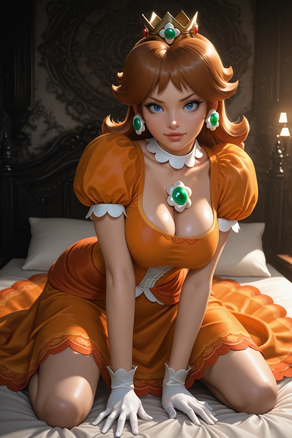 STICKER, (solid outline:1.3), (:1.2), A detailed illustration of a vivid Sexy Princess Daisy from Mario  kneeling down legs together,  breasts, ass view, Solo Female, medium breasts, soft , full cleavage, Full Body View, high heeled boots, hands behind her back, crown, hidden hands, vintage t-shirt design, in the style of hand drawing, 3D vector art, fantasy art, watercolour effect, Adobe Illustrator, hand-drawn, digital painting, low-poly, soft lighting, isometric style, retro aesthetic, focused on the character, 4K resolution, photo realistic rendering, using Cinema 4D,