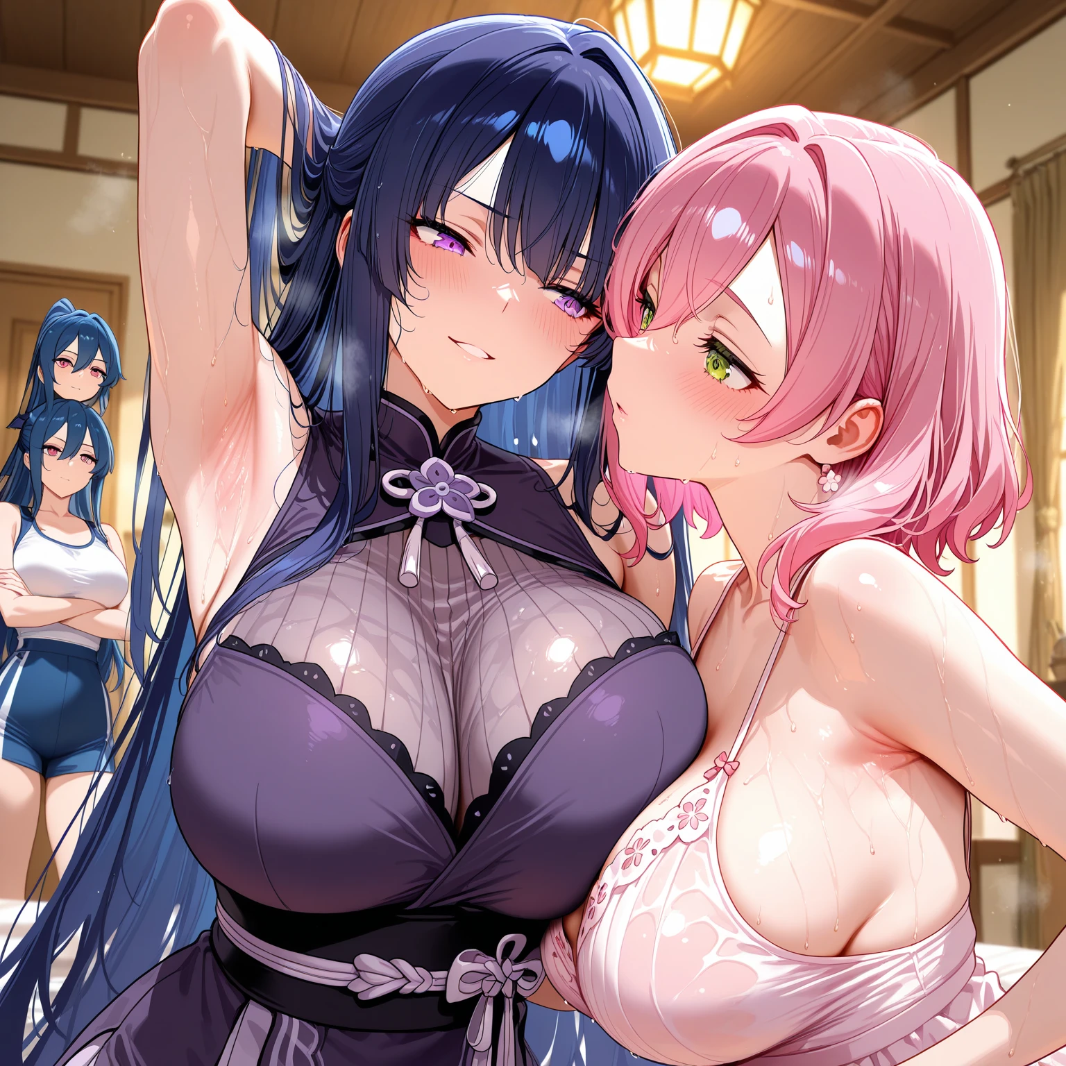 Akeno Himejima, 1girl, (((bimbo))), long black hair, purple eyes, ear ringimbo))), puffy lips, painted lips, thick lips, wide hips, thick thighs, huge round ass, enormous natural breasts, shiny oily breasts, she venom, skin tight venom suit, full venom body suit, black venom, symbiote, muscular, crossed arms, city, cyberpunk, , showing boobs, showing , showng ass  showing ALOT MORE AND MAKE HER  AND   make her happier and make her feel like she is free and showing whatever she wants and loves to be  make her  and start to  and make her love  and make it in her mouth make her  by girls too