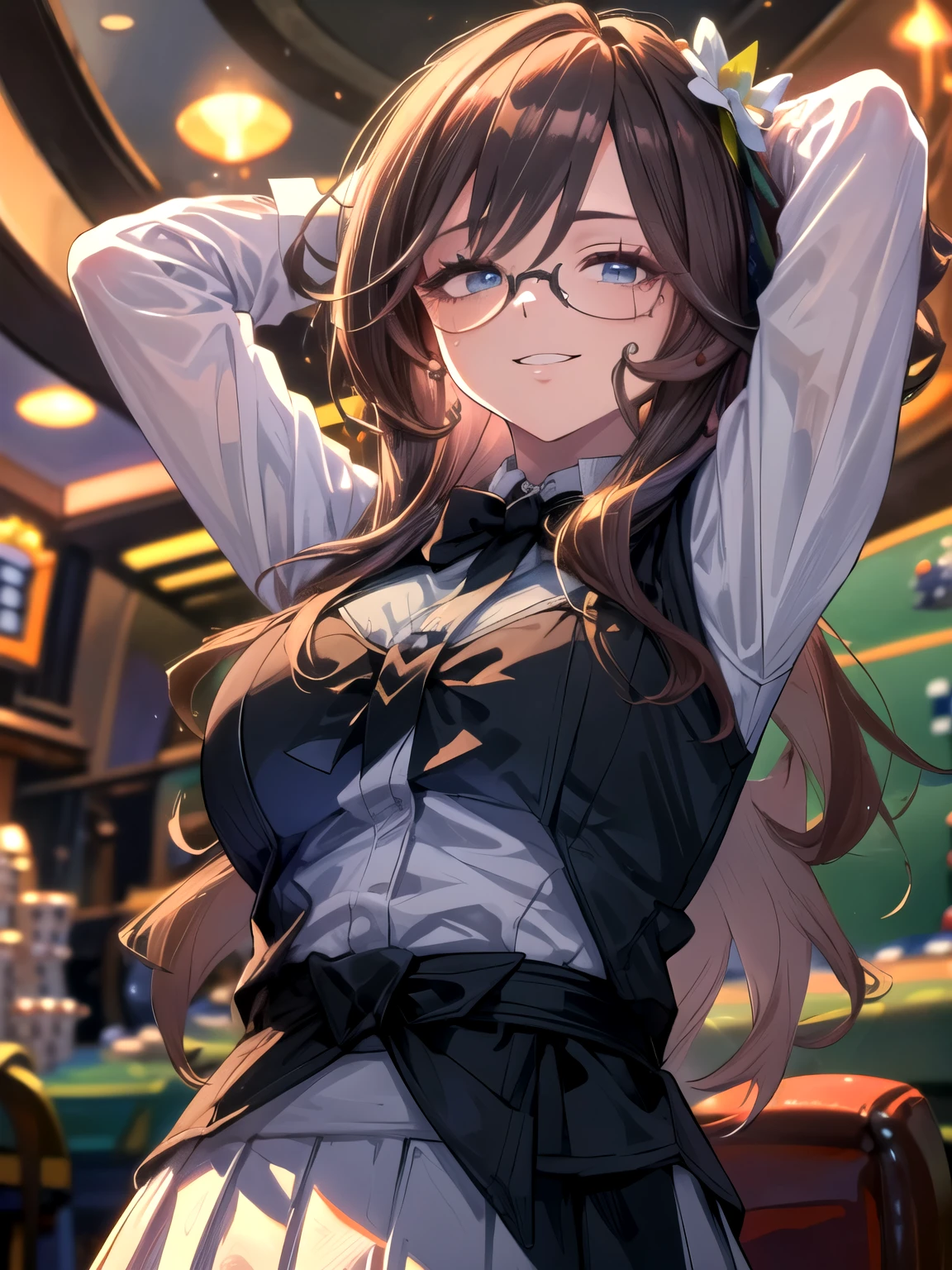 (Solo, upper body, Dutch angle, hands behind waist, hands behind head: 1.5)
(Female domination, she's a casino dealer. Black bow tie, black vest, white shirt, black skirt. Casino dealer's most formal attire: 1.8)
(Slender, huge breasts, blue eyes, glasses, smile, gums: 1.2)
(Anime style, anime shadows, detailed animation, detailed scenery: 1.2) (UHD, Retina, masterpiece, precision, textured skin, ultra-high definition, high quality, award-winning, highest quality, high resolution: 1.2)