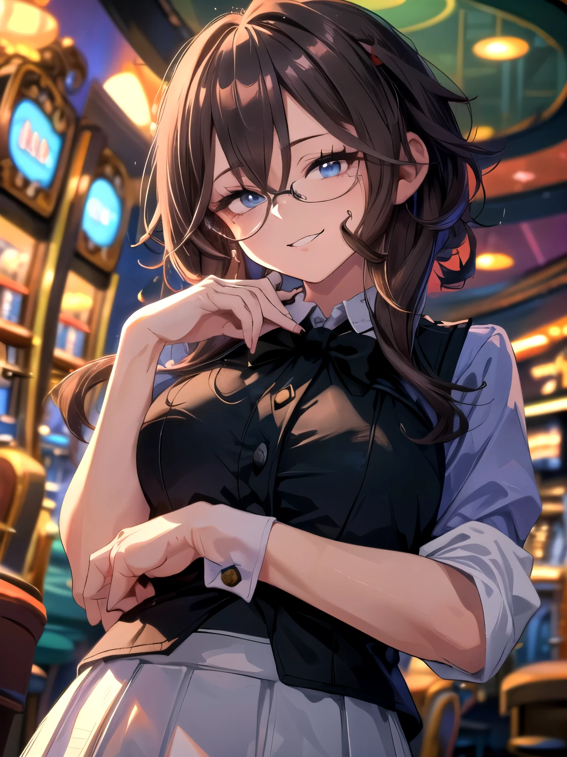 (Solo, upper body, Dutch angle, hands behind waist, hands behind head: 1.5)
(Female domination, she's a casino dealer. Black bow tie, black vest, white shirt, black skirt. Casino dealer's most formal attire: 1.8)
(Slender, huge breasts, blue eyes, glasses, smile, gums: 1.2)
(Anime style, anime shadows, detailed animation, detailed scenery: 1.2) (UHD, Retina, masterpiece, precision, textured skin, ultra-high definition, high quality, award-winning, highest quality, high resolution: 1.2)