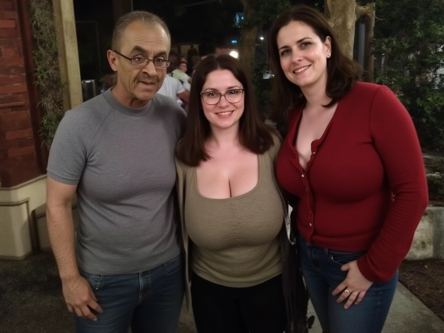 photo at Universal studios horror nights, 2 friends, 1 zombie, The woman is very busty aged 35, j cup saggy natural breasts, low, sagging breasts, natural, stood next to friends, all smiling looking at camera, nervous, woman is shy, slim and natural saggy breasts, she is wearing a jumper, photograph, zoomed out, all are posing for the camera, ugly face, glasses, universal studios, posing with zombie