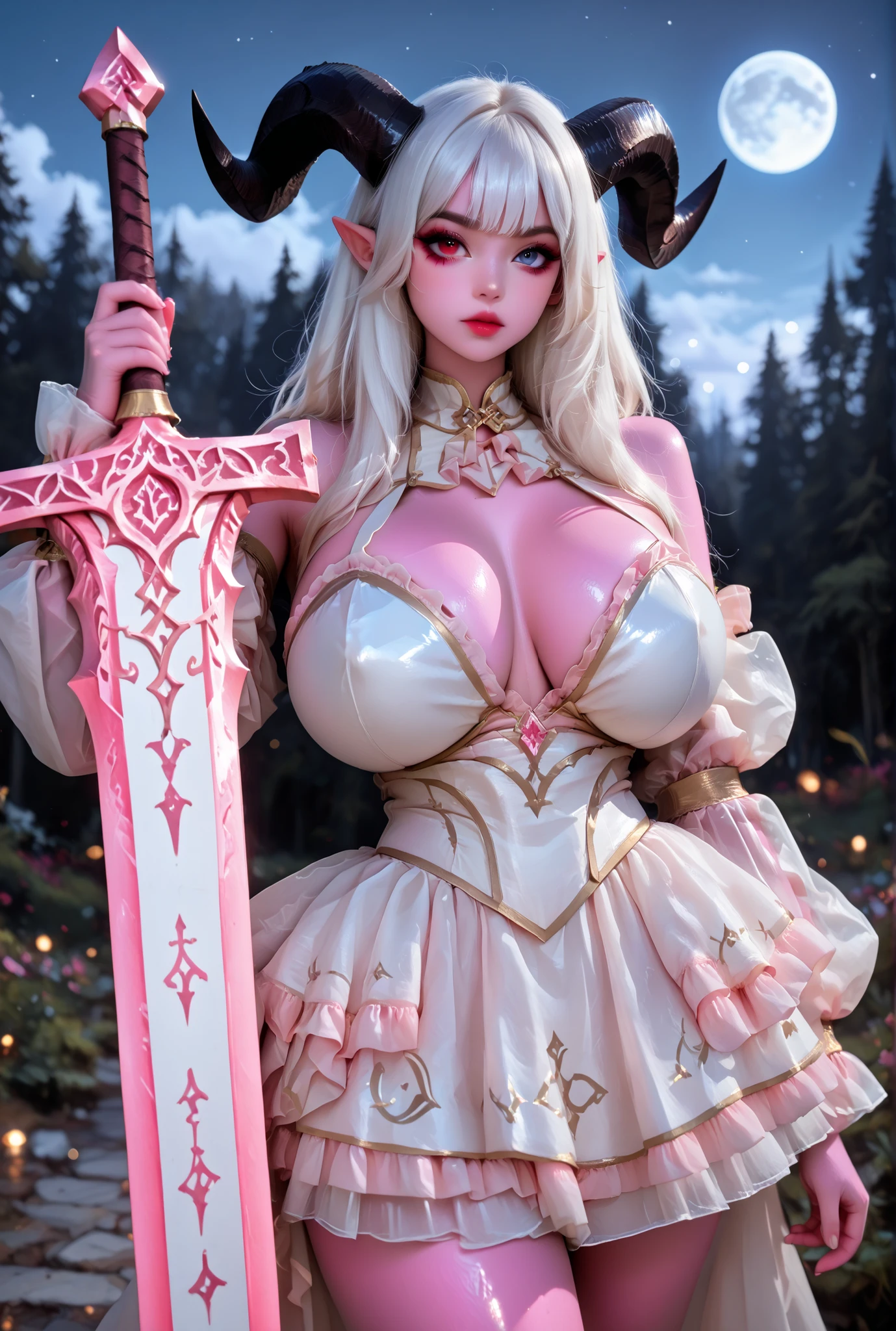 high-low dress, high-low dress, frilled dress, puffy sleeves, detached sleeves,gigantic breasts apart,pink skin,cancer, princess,,Athletic build, tall figure, BIG BLAK HORNS, long ears, red eyes, tiefling girl, gloss skin, shiny skin, YELLOW runesword, holding a large luminous sword, white hair, fantasy world,pink skin, bare shoulders, detailed eyes, depth of field, subject focus, masterpiece, best quality, high quality, absurd, high definition,Monster Macromastia BREASTS,solo, long hair, blue eyes, eyeliner, makeup, lipstick, curvy body, gigantic breasts, ethereal beauty,huge breasts,
luminous runic patterns, cwboy shot, looking at viewer, action pose, dynamic pose, dynamic angle,
outdoors, night, white moon, epic detalied