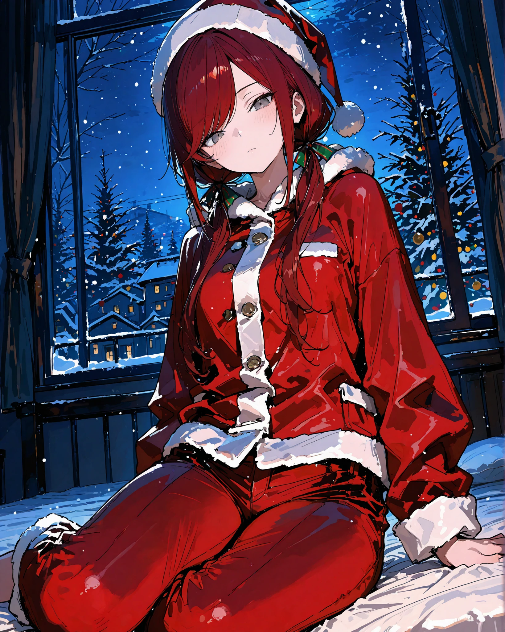 masterpiece, best quality, ultra-detailed, perfect anatomy,
748cmstyle,
gray eyes, dark red hair, long hair, low twin tails, swept bangs, expressionless, hair ribbons, red trousers, thin,
santa costume, santa hat, low angle view, looking directly at the viewer, light blush, nighttime, indoor scene, snowfall outside the window, bedroom setting, sitting on the bed, yokozuwari, cozy yet seductive atmosphere, winter night mood, detailed illustration,