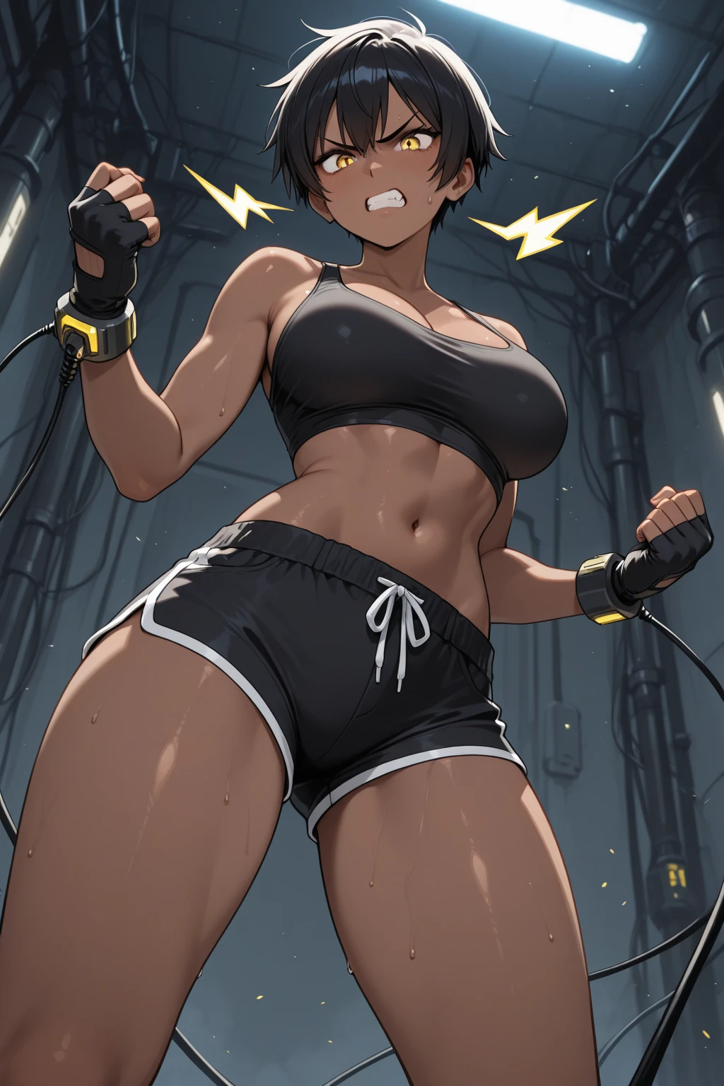 Sports 、spats、(masterpiece、Highest quality)、Highest quality, Ultra-high resolution, (((masterpiece))), alone, Sweat、Big eyes, Composition from the front、（Short back hair、short hair、blonde、woman）、(Manga style:1.1)、Shortcuts、Embarrassed face、Cut your hair short、可愛いwomanの子、Big Breasts、Training Gym