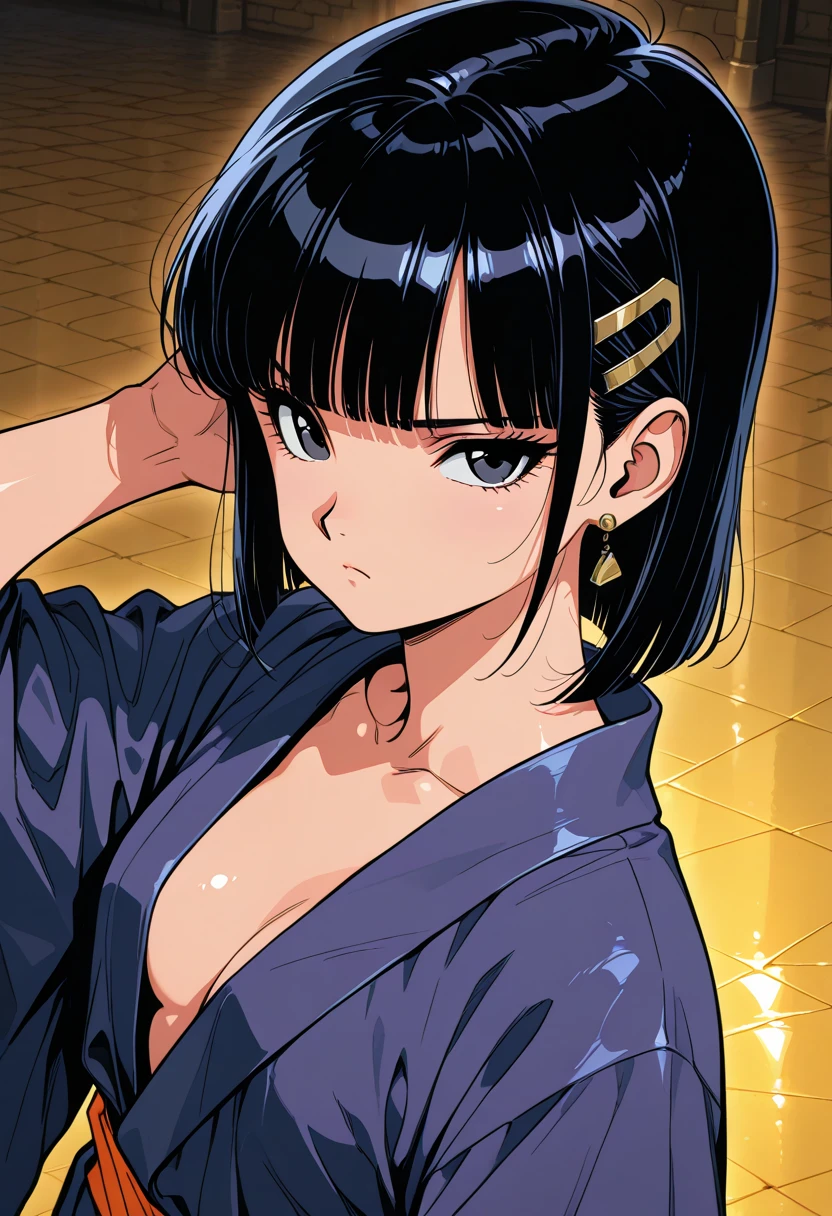 wind effect, flexing arm muscles, cloud background, anime style, cute , beautiful mother, nice body, soft body, long belly, (hinata\(boruto\), (female wrestler), (slender body), mature woman , broad shoulders, off-shoulders, ( bikini, white bikini only,  pro wrestling outfit, bangles), smile, closed mouth, pale skin, cute, smile, (dark blue hair color:1.1), wavy hair, floating hair, ((short hair, hime cut, loose hair), big breasts, (only one arm stretching), long belly, (closed fists), , (perfect eyes, white sciera, bright eyes, white eyes, anime eyes)
