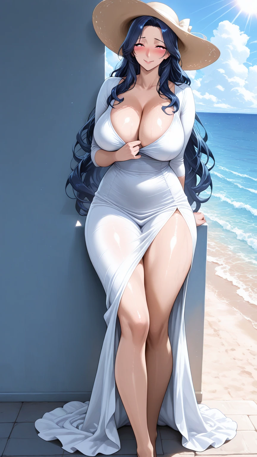 1girl, very tall, thin, masterpiece, very aesthetic, long hair, looking at viewer, blush, big breasts (top round tits), :), trikini, swept bangs, purple eye, standing, (full body), black hair, long legs,  feet, sarong wrap skirt, thigh gap, white background