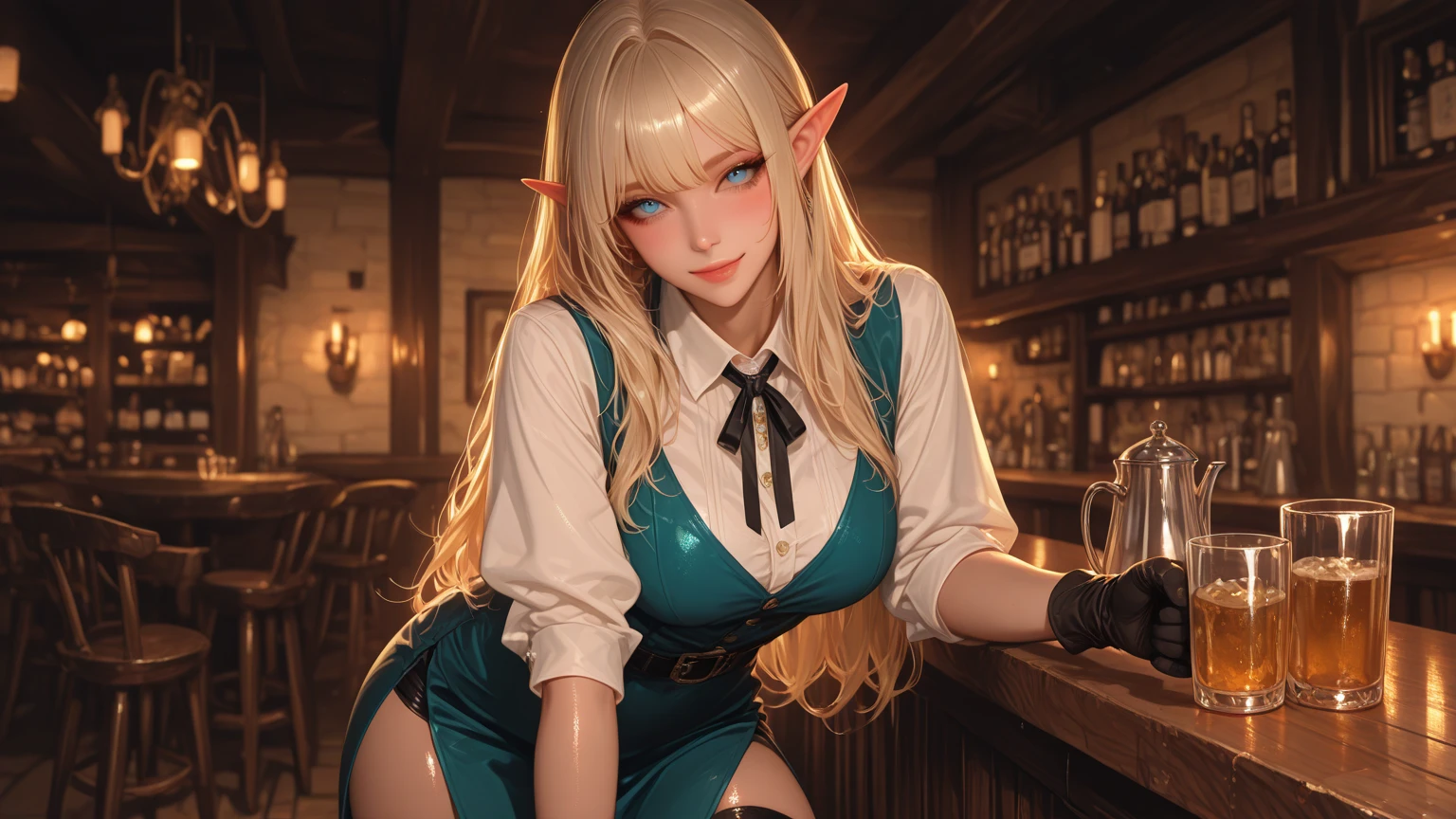 There is a woman with pink hair and bunny ears standing in a room, final fantasy style 14, final fantasy 14 sharp, neferpitou, Final Fantasy XIV, Final Fantasy 1 4 screenshot, She is in the potions workshop, wearing cyber bunny ears, ffxiv, close-up portrait of an artificer, Final Fantasy 1 4, tiflin sexy con un vestido  muy hermoso con mirada seductora