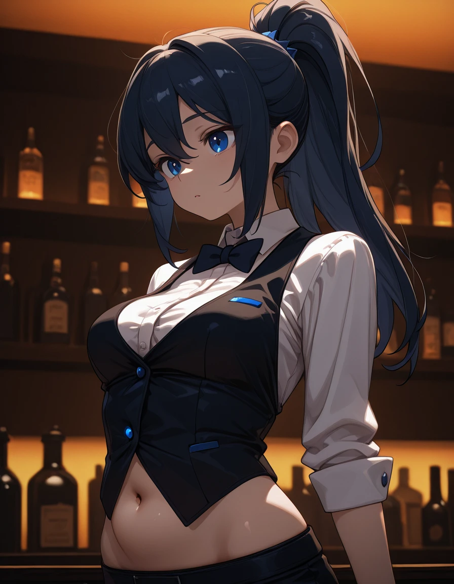 score_9, score_8_up, score_7_up, source_anime, 1girl, jk, 15yo, srssky, very long hair, black hair, high ponytail, bangs, hair between eyes, yellow eyes, large , 
, solo, cinematic angle, 
cute, blush,
( playboy  Costumes),(fake  ears),(black stockings:1.2),High heels,(rabbit_tail:1.2), bar, dark background, night, night time,
masterpiece, best quality, very aesthetic, absurdres,
 