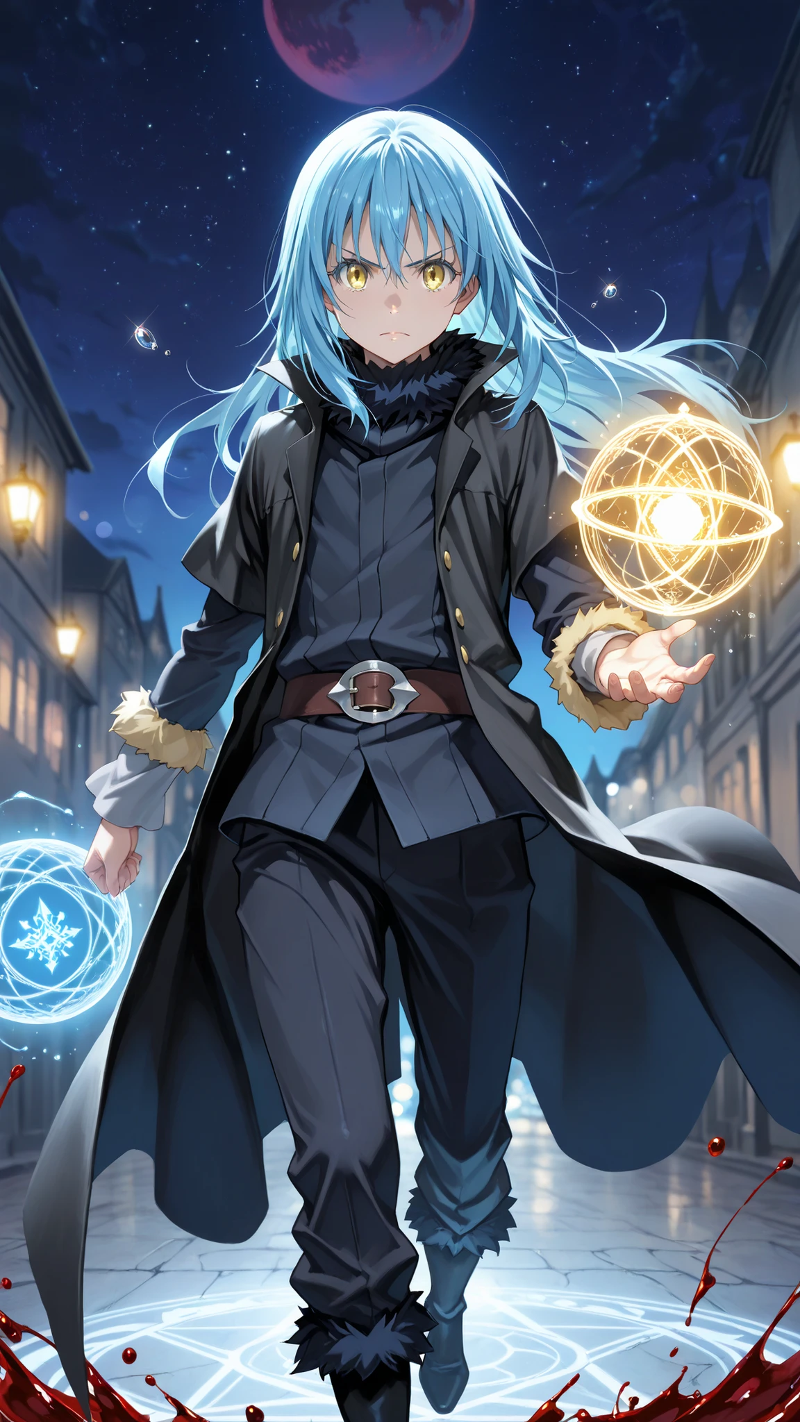score_9, score_8_up, score_7_up, HDR, (best quality:1.1), ultra-detailed, high resolution, super detailed skin, digital art, anime style, masterpiece, stunning, best quality, very aesthetic, absurdres, detailed face, Ultra_HD, 8k, clear image, very colorful, foreshortening, bokeh, full body, BREAK, 1boy, rimuru tempest, tensei shitara slime datta ken, yellow eyes, blue hair, long hair, layered sleeves, short over long sleeves, black fur collar, coat, belt buckle, black coat, pants, open coat, black jacket, glossy skin, glossy body, lowing eyes, soft expression, detailed, high contrast, subtle gradients, soft textures, night, serious, magic sphere, sphere in one hand, fluorescent hair, fluorescent eyes, levitating drops, drops of blood, BREAK, Detailed background, fantasy sky, magical atmosphere, starry sky, giant red moon