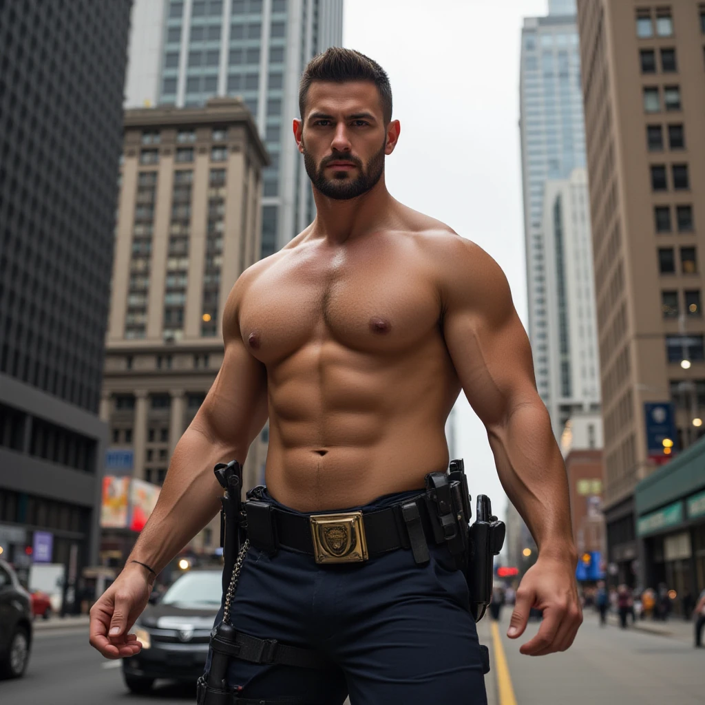 1boy, AdinAlpha, solo,  hair,34 yrs old, fitness trainer, male focus,  , pectorals, bara, muscular, mature male, muscular male, abs, beard, ring , garter and suspenders, short hair, navel, stomach, large pectorals, thick eyebrows,  pectorals, dark-skinned male, , thighs,  under clothes, fancy suit, dark skin, tie, tight shirt, jacket, tight pants, grey business suit, pectoral cleavage, cowboy shot, cop agent uniform, feet out of frame, thick thighs, looking at viewer, masterpiece, 4k, high quality, highres, absurdres,