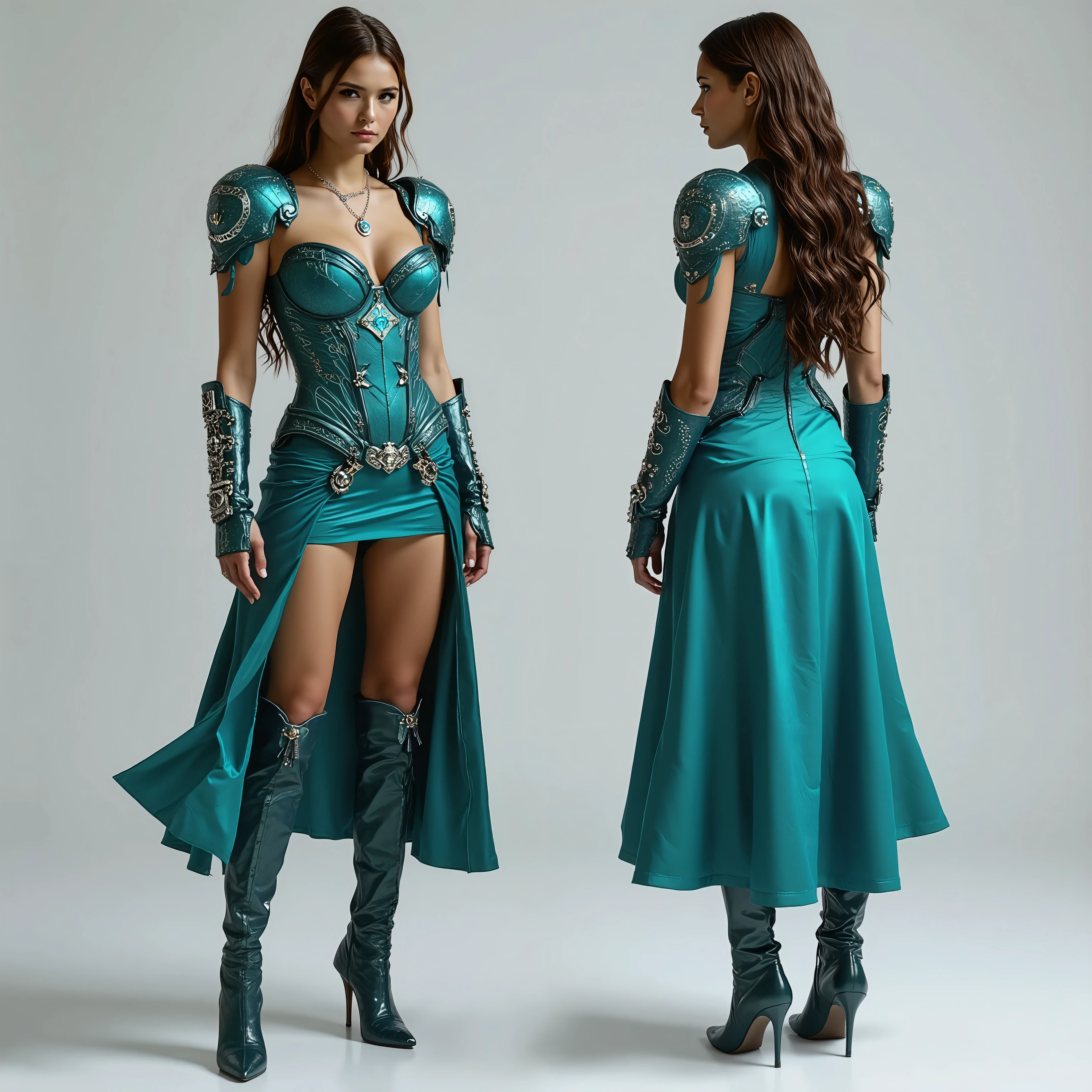 Nina Dobrev has a relatively small head, long neck, very broad shoulders and torso, long athletic big of the upper legs, dressed in turquoise satin nano armor with cables and wires, turquoise steel shoulder pads made of plates engraved, engraved corset, Armor, short satin skirt with shields, turquoise thick satin robe, There is a necklace made of silver and turquoise glowing stones, high-heeled ankle boots with pointy toes, she stands in two full-length poses image on a gray background. 1 pose front view, 2 pose back view.