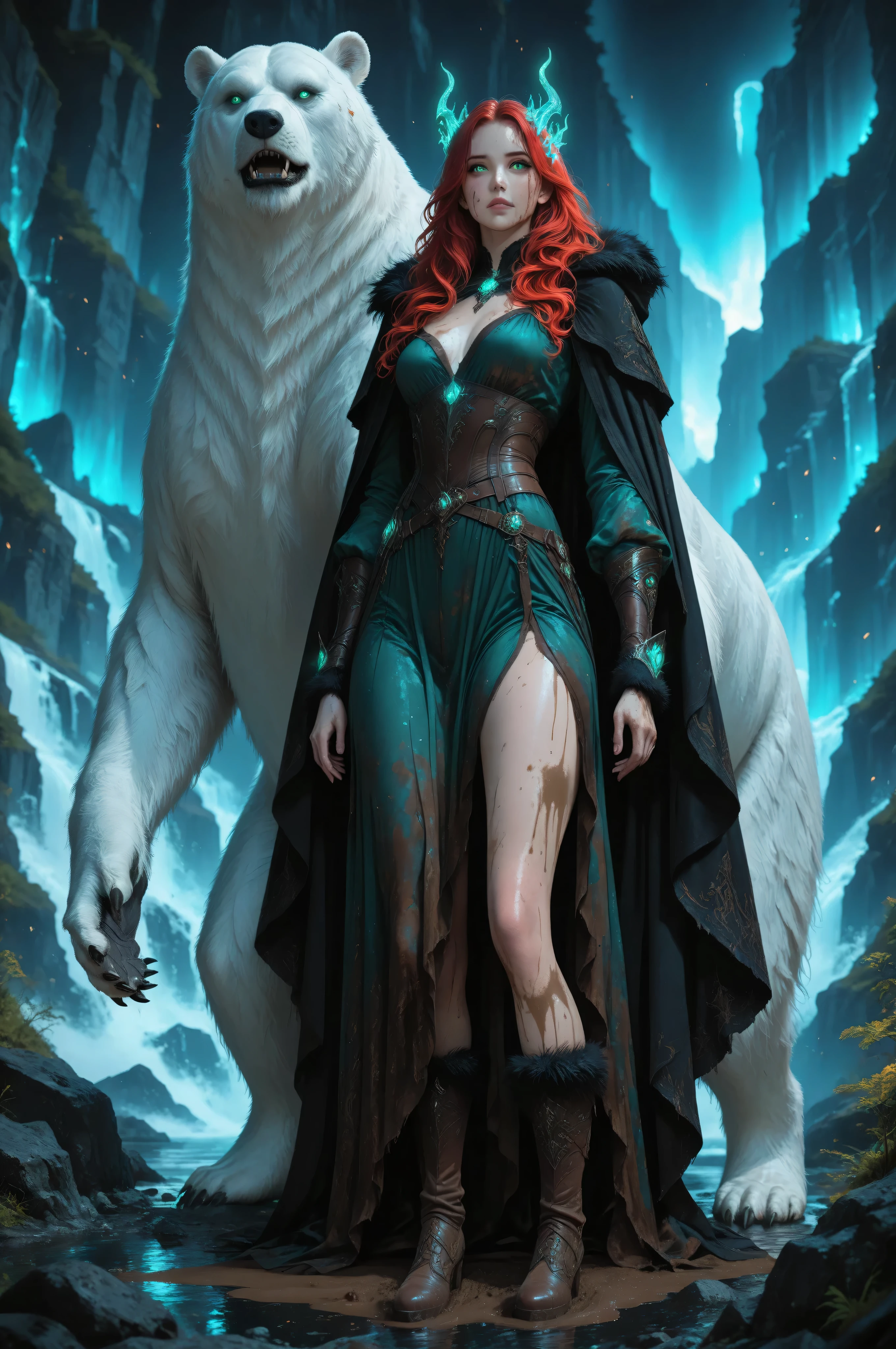 Contrast,wearing a clothes,Fantasy Elements,masterpiece, best quality, very aesthetic, absurdres, ,a picture of a fantasy 1single woman fighting a big white bear on a wild iceberg, glacier background, auroras in different colors grit atmosphere, dirt on her face, dirt and mud in her cloths, , an extraordinary beautiful female  beauty, wild green eyes, glowing eyes, best detailed face,  red hair, tattered hair, wavy hair, wearing fur cloths, fur boots, nature themed dress, wild dress, long cloak, dark fantasy glacier background, auroras in different colors,  Hyperrealism style, vibrant, Ultra-high resolution, High Contrast,  best details, best quality, highres, ultra wide angle, 16k, [ultra detailed], masterpiece, best quality, (extremely detailed) RAW, 