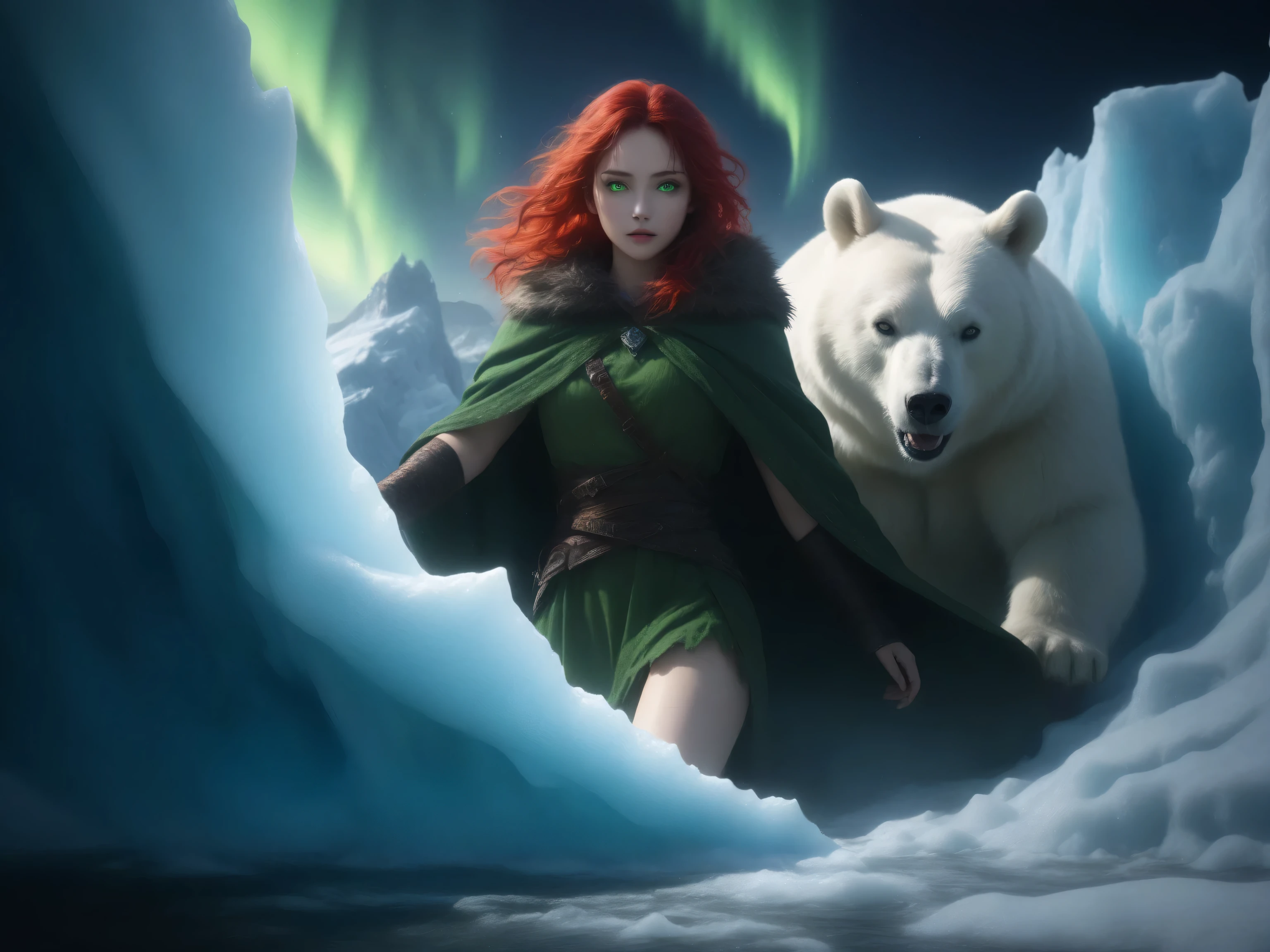 Contrast,wearing a clothes,Fantasy Elements,masterpiece, best quality, very aesthetic, absurdres, ,a picture of a fantasy 1single woman fighting a big white bear on a wild iceberg, glacier background, auroras in different colors grit atmosphere, dirt on her face, dirt and mud in her cloths, , an extraordinary beautiful female  beauty, wild green eyes, glowing eyes, best detailed face,  red hair, tattered hair, wavy hair, wearing fur cloths, fur boots, nature themed dress, wild dress, long cloak, dark fantasy glacier background, auroras in different colors,  Hyperrealism style, vibrant, Ultra-high resolution, High Contrast,  best details, best quality, highres, ultra wide angle, 16k, [ultra detailed], masterpiece, best quality, (extremely detailed) RAW, 