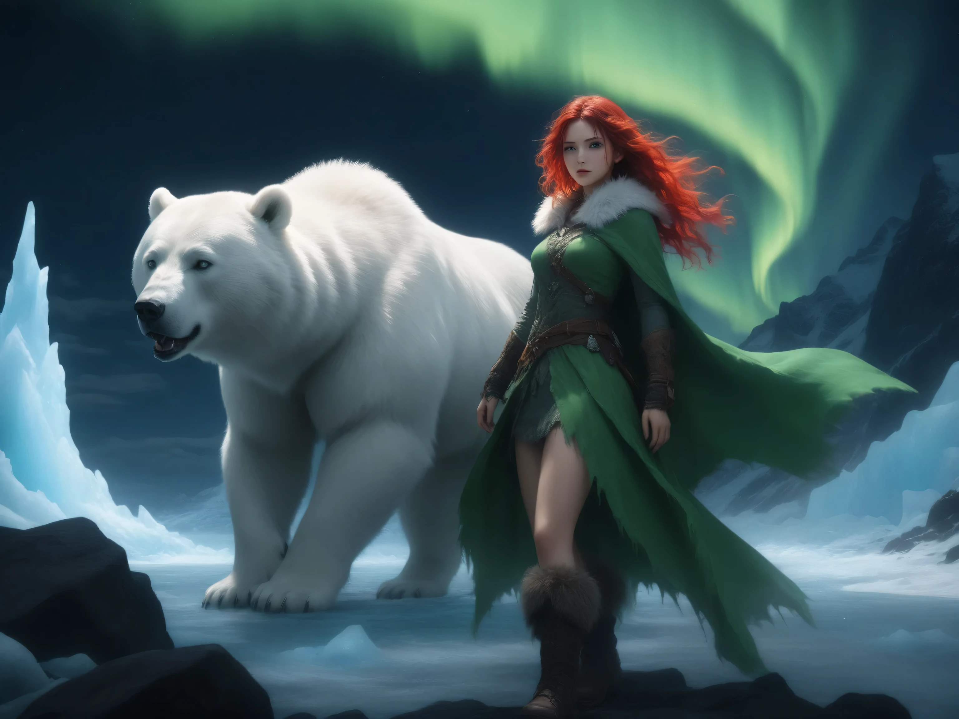 Contrast,wearing a clothes,Fantasy Elements,masterpiece, best quality, very aesthetic, absurdres, ,a picture of a fantasy 1single woman fighting a big white bear on a wild iceberg, glacier background, auroras in different colors grit atmosphere, dirt on her face, dirt and mud in her cloths, , an extraordinary beautiful female  beauty, wild green eyes, glowing eyes, best detailed face,  red hair, tattered hair, wavy hair, wearing fur cloths, fur boots, nature themed dress, wild dress, long cloak, dark fantasy glacier background, auroras in different colors,  Hyperrealism style, vibrant, Ultra-high resolution, High Contrast,  best details, best quality, highres, ultra wide angle, 16k, [ultra detailed], masterpiece, best quality, (extremely detailed) RAW, 