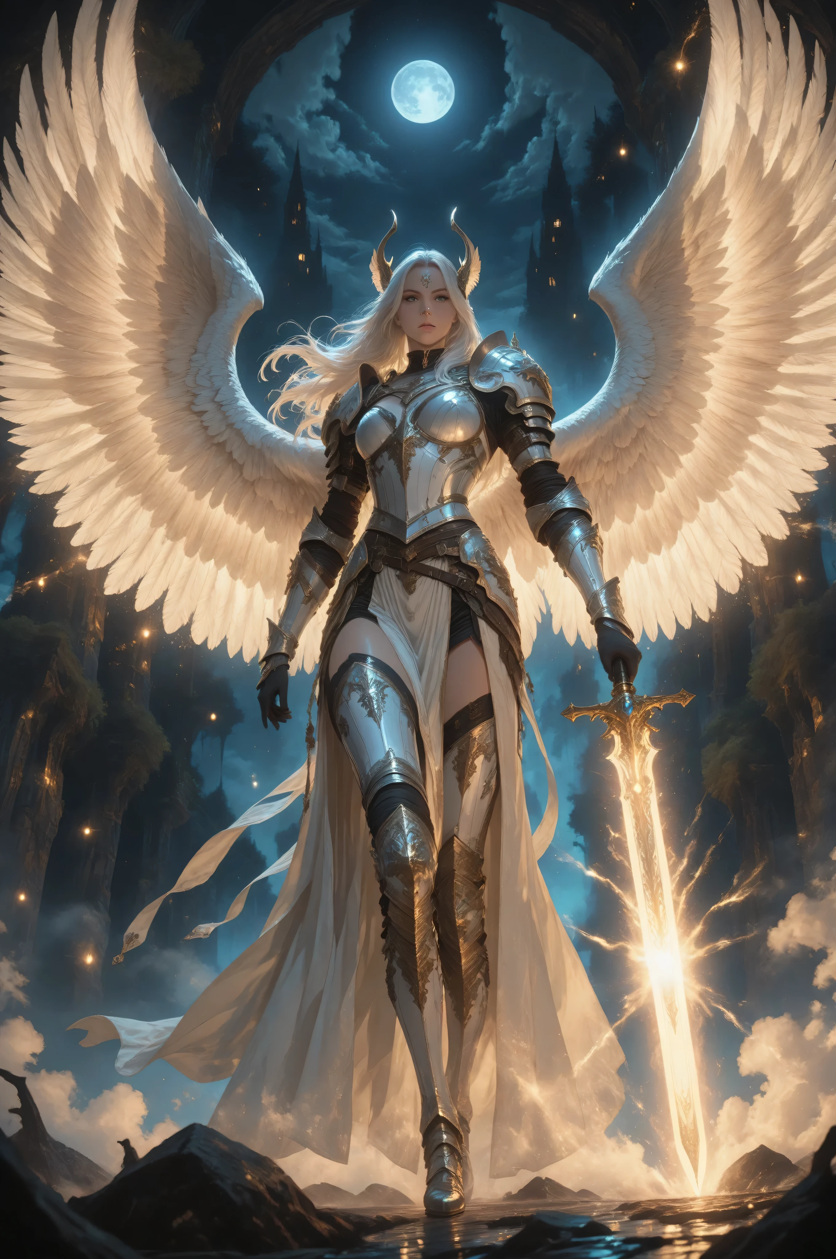 wearing a clothes,Fantasy Elements,masterpiece, best quality, very aesthetic, absurdres,an epic fantasy art portrait of aasimar, female, paladin ready for battle under the full moon, holy warrior, spread large feathered wings, majestic wings, white angelic wings spread (Masterpiece, intense details: 1.5), moon light, moon, stars, clouds, holy symbol, armed with a divine sword, wearing holy armor, dynamic hair color, dynamic hair style, dynamic skin complexion, dark fantasy forest background, anatomically correct (Masterpiece 1.3, intense details), angel_wings, determined face, god rays, cinematic lighting, glowing light, silhouette, from outside, photorealism, panoramic view (Masterpiece 1.3, intense details) , Wide-Angle, Ultra-Wide Angle, 16k, highres, best quality, high details, 16K, ultra detailed, masterpiece, best quality, (extremely detailed), arafed, dnd art, portrait, full body,