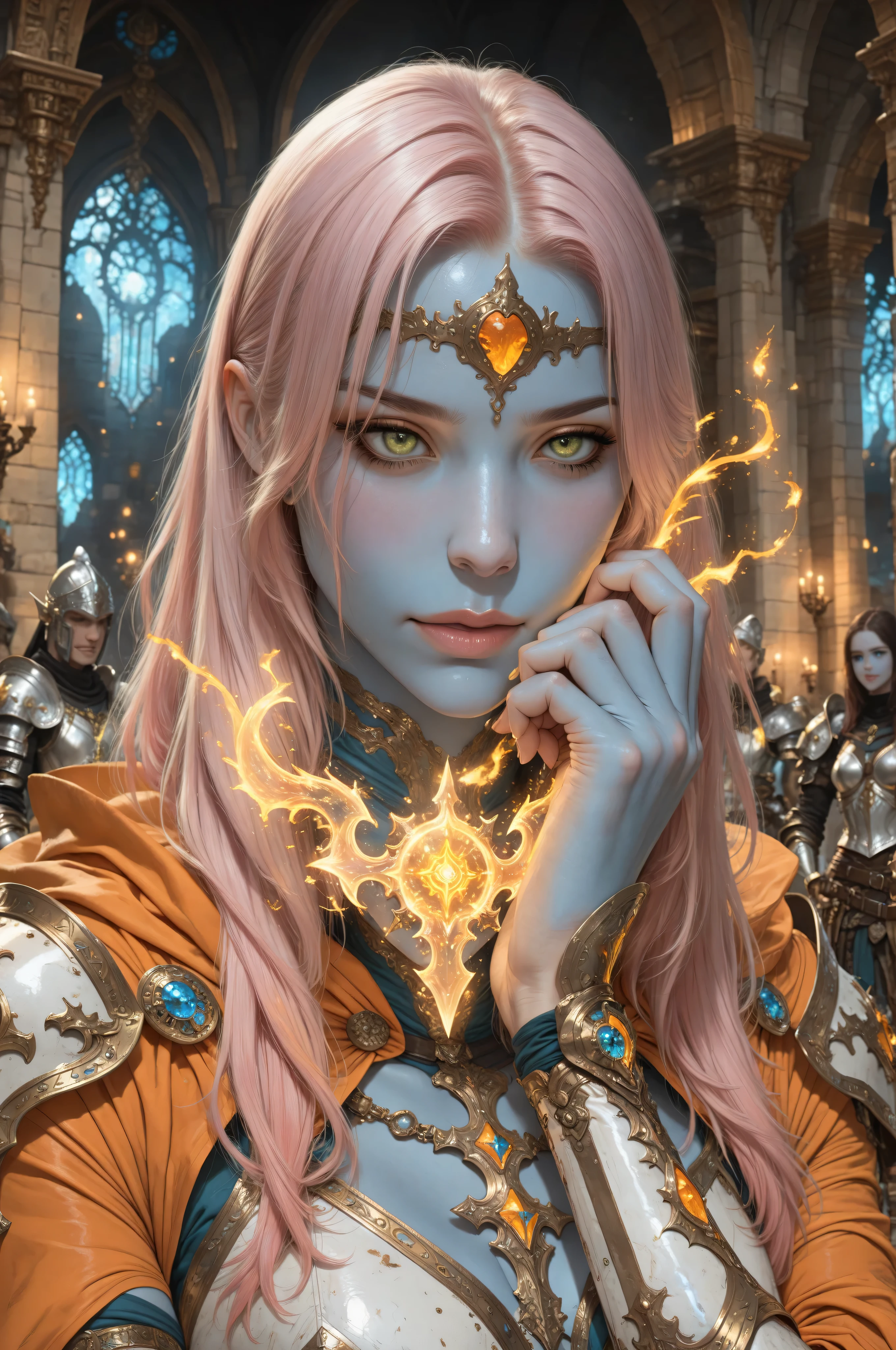 wearing a clothes,Contrast,Fantasy Elements,masterpiece, best quality, very aesthetic, absurdres,blue color, portrait a female (fantasy art, Masterpiece, best quality: 1.3) ((blue skin)), intense details facial details, exquisite beauty, (fantasy art, Masterpiece, best quality) cleric, (blue skinned) female, (pink hair), long hair, ((no ears)), (green eyes), casting yellow radiant spell, wearing heavy (white armor), wearing high heeled boots, wearing an (orange cloak), wearing glowing holy symbol, within fantasy temple background, reflection light, high details, best quality, 16k, [ultra detailed], masterpiece, best quality, (extremely detailed), close up, ultra wide shot, photorealistic, RAW, fantasy art, dnd art, fantasy art, realistic art,((best quality)), ((masterpiece)), (detailed), perfect face, art by mooncryptowow