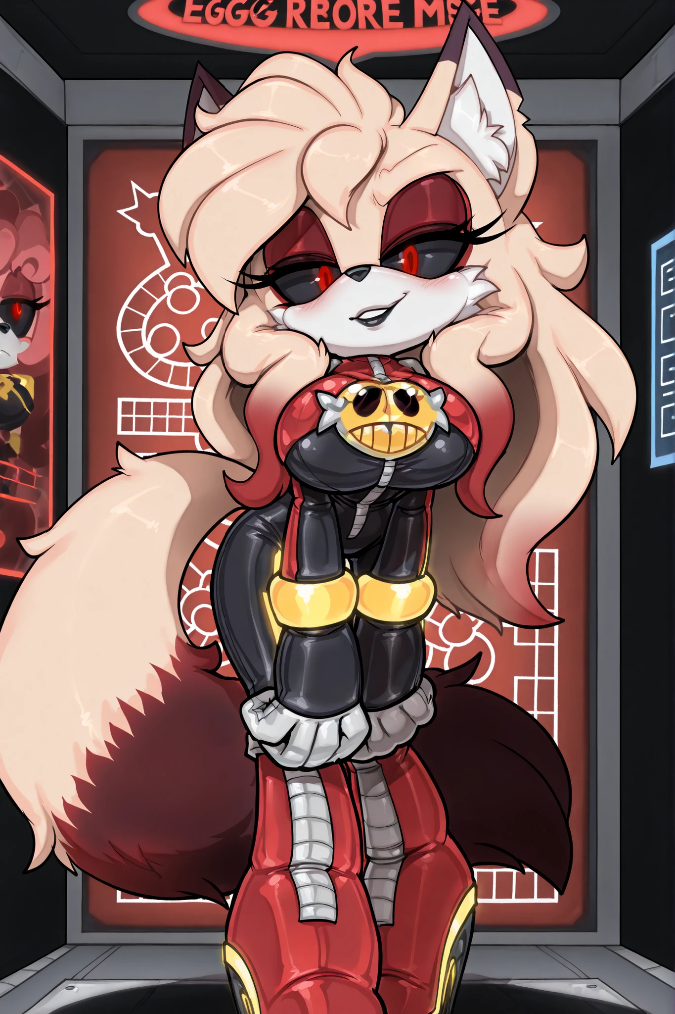 ((evnstnly)), source_furry, ((Sonic OC)), high quality photos, Ochen by illustraciya high quality photos, ultra detailed illustration, Anthropomorphic Fluffy Fox:1,9, beautiful, light blush, delgado, the ideal body, Artifyber style, pastel flat colors, pantalones, frac, futuristic lab environment, red holographic screens, indoors, advanced technology, milf, (Makeup), (((Long hair))), reddish hair, pinkish beige hair, gradient hair, (large breasts), young woman, ((1girl)), ((solo)), mobian, ((small mouth)), hourglass figure, MILF figure, Female, Mobian Kitsune, Kitsune, (((pinkish beige fur))), (white muzzle), (fuzzy muzzle), VERY long hair, red eyes, red makeup, seductive expression, hands on lap, hair bangs, hair over shoulders, 1girl, (fluffy ears), black tipped ears, large pointed ears, (fox tails), bigdad/character, (Mobian), light red markings on face, female, solo, small mouth, Sonic OC, (Fox), female Fox, (no drone mask), ((dark red eyeshadow)), black lipstick, red eyes, (((black sclera))), red pupils, latex skinsuit, latex suit (red) and (black), latex boots (black), high-heeled boots, latex gloves (black), latex tails, latex tails (red and black), yellow neon lights, Eggman symbol, symbol on chest, Eggman Empire, brainwashed, standing in front of viewer, leaning forward slightly