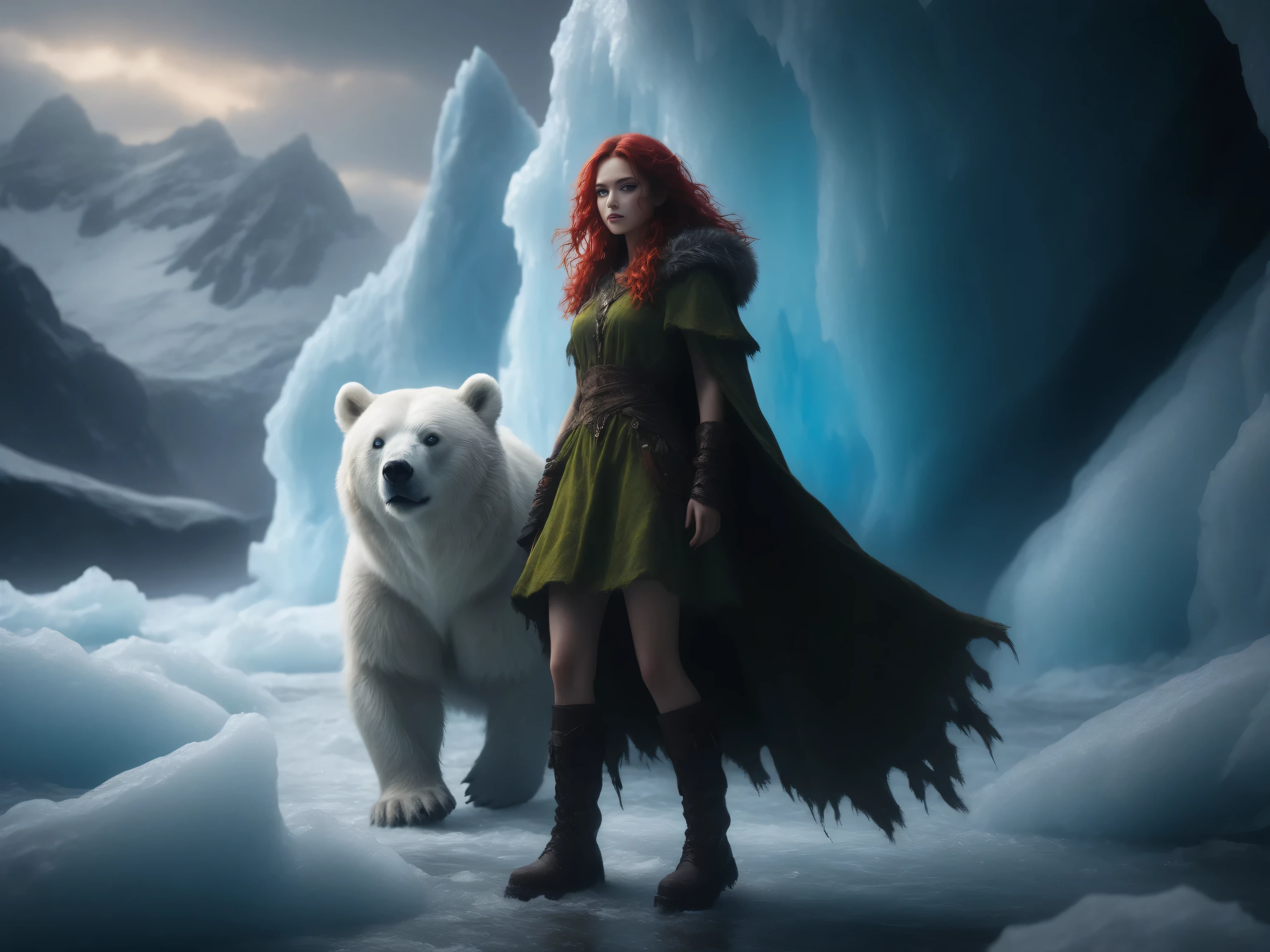 aidmaMJ6.1,Contrast,wearing a clothes,Fantasy Elements,masterpiece, best quality, very aesthetic, absurdres, ,a picture of a fantasy 1single woman fighting a big white bear on a wild iceberg, glacier background, auroras in different colors grit atmosphere, dirt on her face, dirt and mud in her cloths, , an extraordinary beautiful female  beauty, wild green eyes, glowing eyes, best detailed face,  red hair, tattered hair, wavy hair, wearing fur cloths, fur boots, nature themed dress, wild dress, long cloak, dark fantasy glacier background, auroras in different colors,  Hyperrealism style, vibrant, Ultra-high resolution, High Contrast,  best details, best quality, highres, ultra wide angle, 16k, [ultra detailed], masterpiece, best quality, (extremely detailed) RAW, 