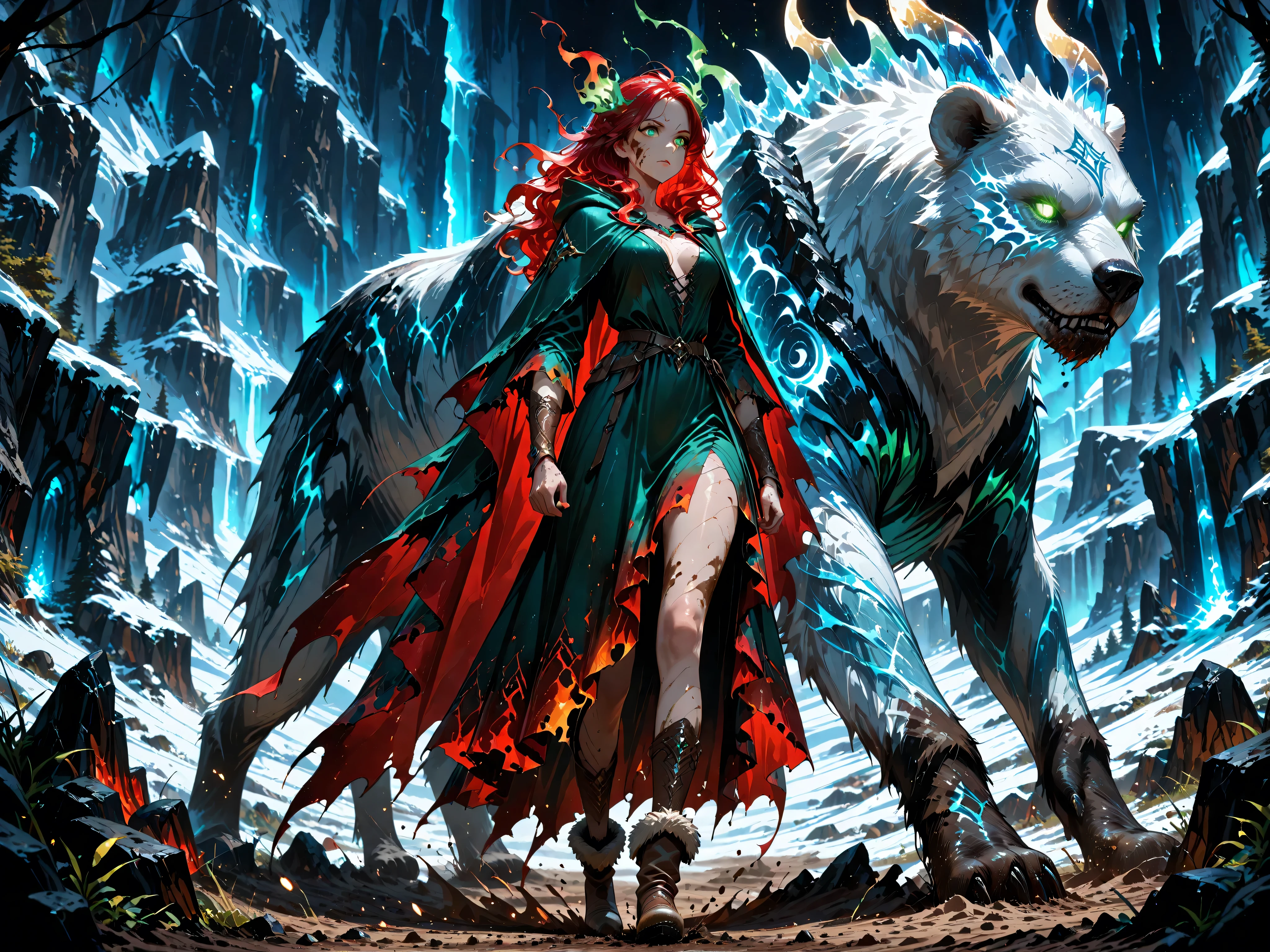aidmaMJ6.1,Contrast,wearing a clothes,Fantasy Elements,masterpiece, best quality, very aesthetic, absurdres, ,a picture of a fantasy 1single woman fighting a big white bear on a wild iceberg, glacier background, auroras in different colors grit atmosphere, dirt on her face, dirt and mud in her cloths, , an extraordinary beautiful female  beauty, wild green eyes, glowing eyes, best detailed face,  red hair, tattered hair, wavy hair, wearing fur cloths, fur boots, nature themed dress, wild dress, long cloak, dark fantasy glacier background, auroras in different colors,  Hyperrealism style, vibrant, Ultra-high resolution, High Contrast,  best details, best quality, highres, ultra wide angle, 16k, [ultra detailed], masterpiece, best quality, (extremely detailed) RAW, 