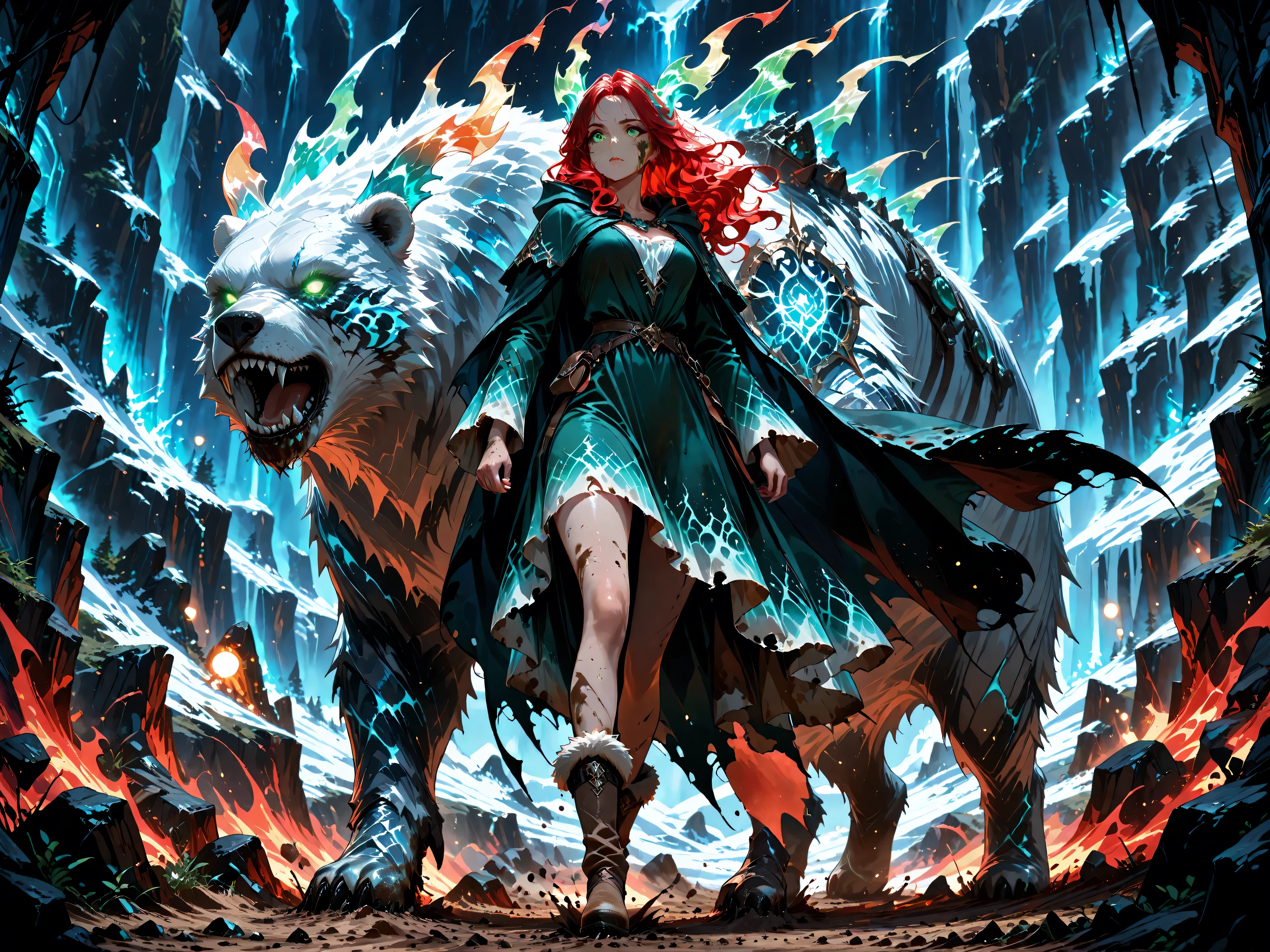 aidmaMJ6.1,Contrast,wearing a clothes,Fantasy Elements,masterpiece, best quality, very aesthetic, absurdres, ,a picture of a fantasy 1single woman fighting a big white bear on a wild iceberg, glacier background, auroras in different colors grit atmosphere, dirt on her face, dirt and mud in her cloths, , an extraordinary beautiful female  beauty, wild green eyes, glowing eyes, best detailed face,  red hair, tattered hair, wavy hair, wearing fur cloths, fur boots, nature themed dress, wild dress, long cloak, dark fantasy glacier background, auroras in different colors,  Hyperrealism style, vibrant, Ultra-high resolution, High Contrast,  best details, best quality, highres, ultra wide angle, 16k, [ultra detailed], masterpiece, best quality, (extremely detailed) RAW, 